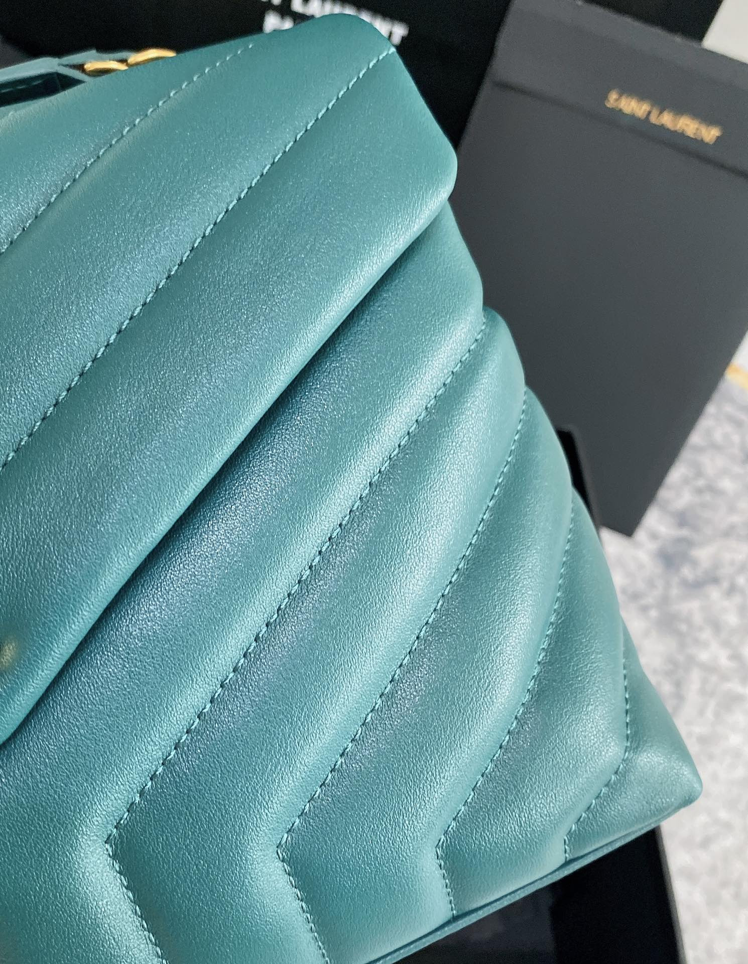 YSL LOULOU SMALL IN QUILTED LEATHER BLUE GOLD 9 X 6.1 X 3.3 INCHES