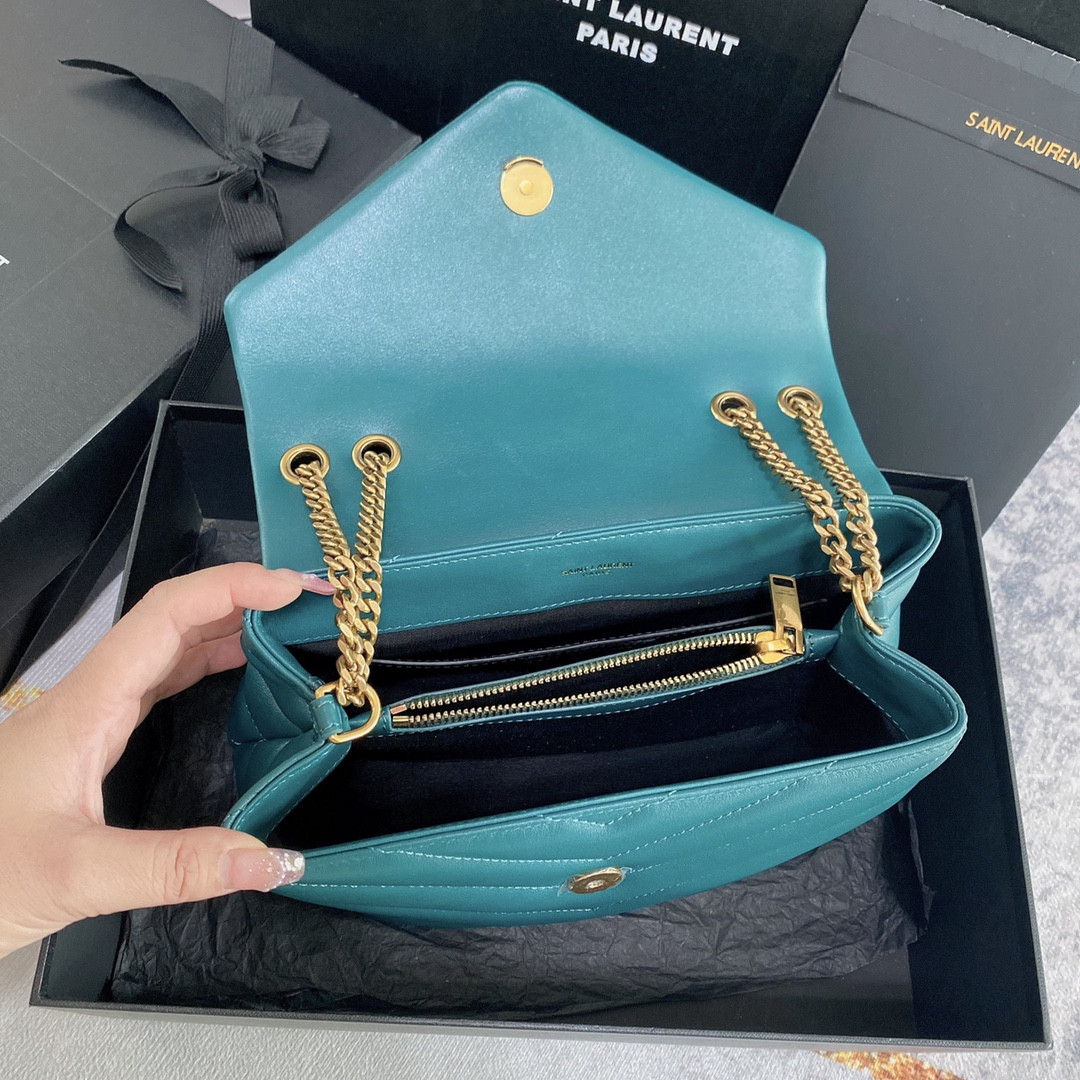 YSL LOULOU SMALL IN QUILTED LEATHER BLUE GOLD 9 X 6.1 X 3.3 INCHES