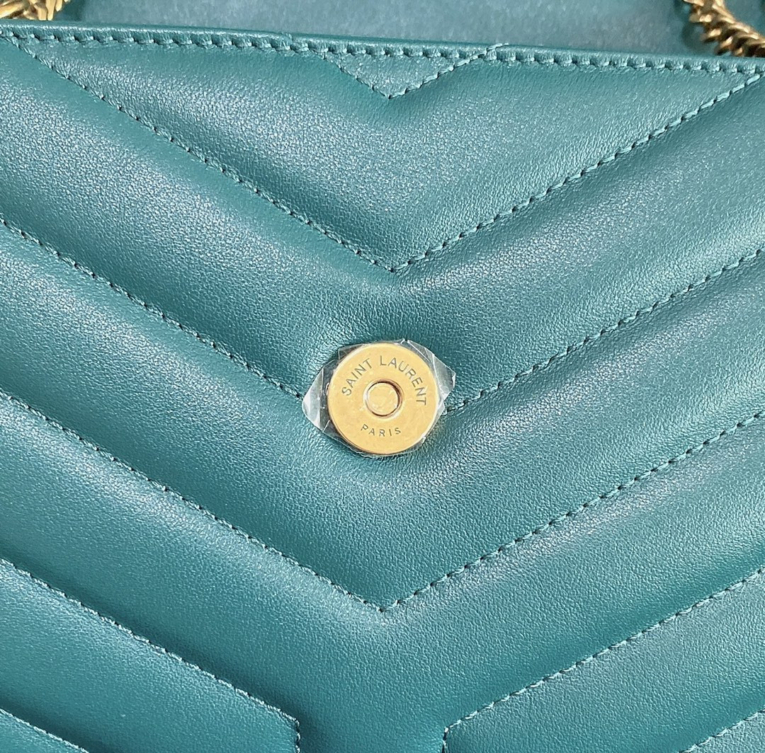 YSL LOULOU SMALL IN QUILTED LEATHER BLUE GOLD 9 X 6.1 X 3.3 INCHES