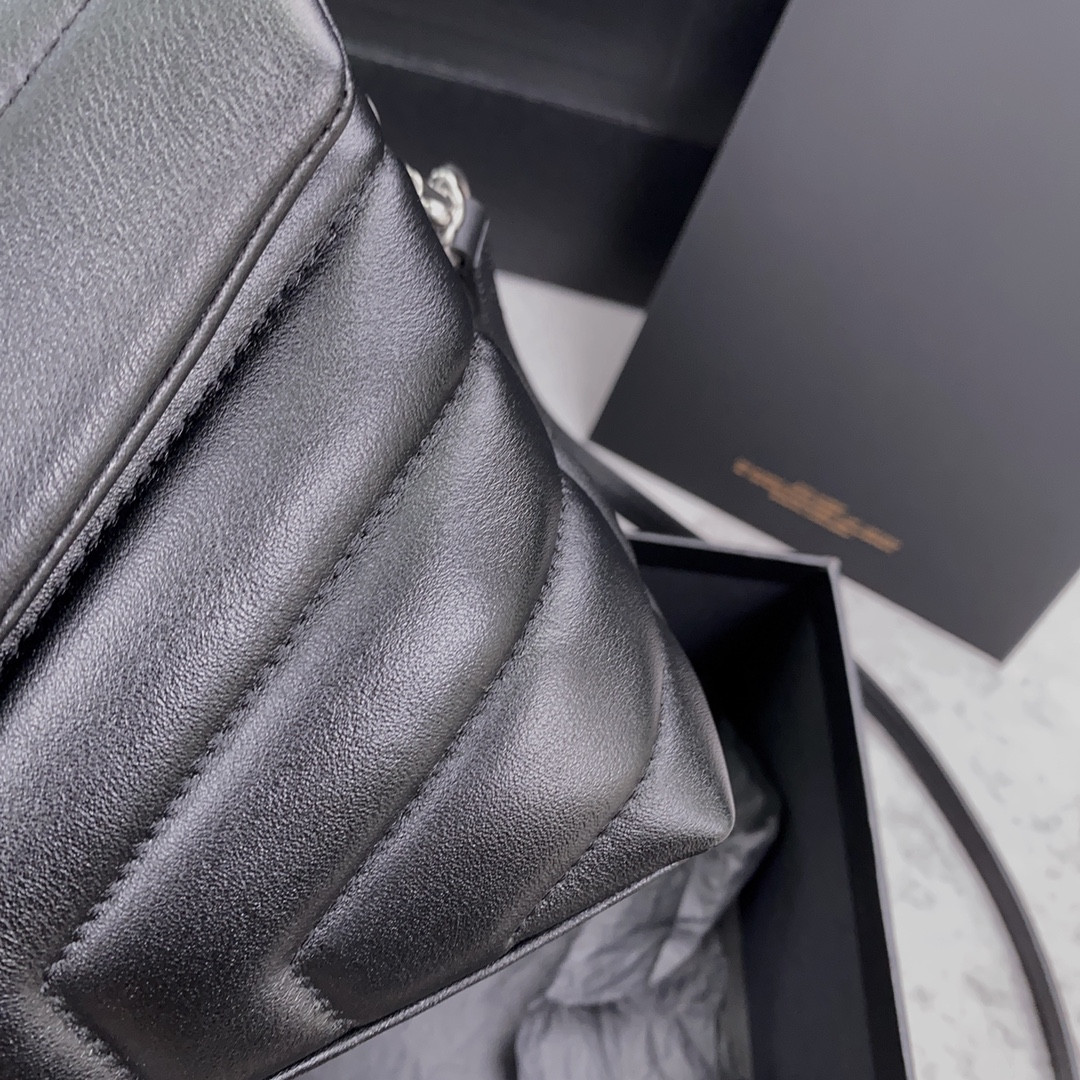 YSL TOY LOULOU IN QUILTED LEATHER BLACK SILVER 7.9 X 5.5 X 3 INCHES