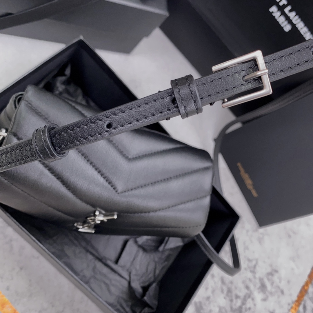 YSL TOY LOULOU IN QUILTED LEATHER BLACK SILVER 7.9 X 5.5 X 3 INCHES