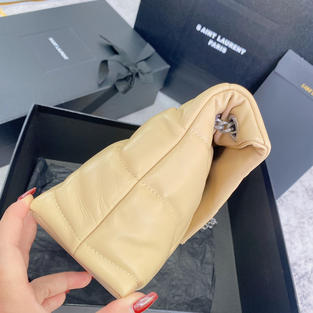 YSL PUFFER SMALL IN NAPPA LEATHER BEIGE SILVER 11.4 X 6.6 X 4.3 INCHES