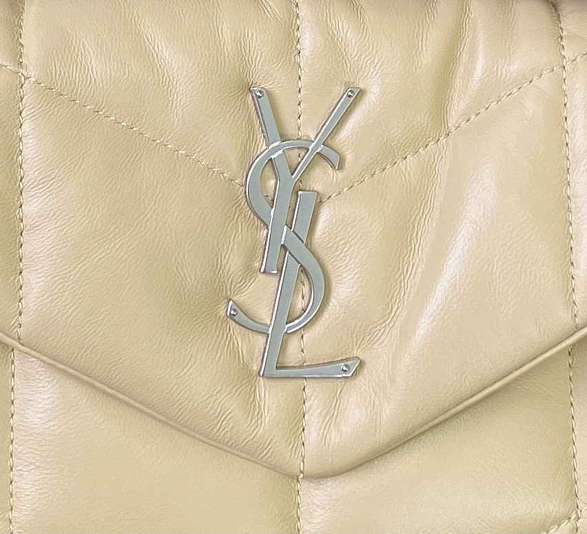 YSL PUFFER SMALL IN NAPPA LEATHER BEIGE SILVER 11.4 X 6.6 X 4.3 INCHES