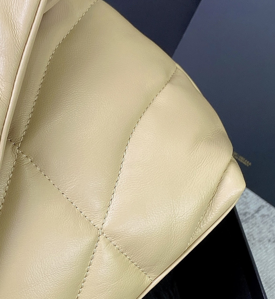 YSL PUFFER SMALL IN NAPPA LEATHER BEIGE SILVER 11.4 X 6.6 X 4.3 INCHES