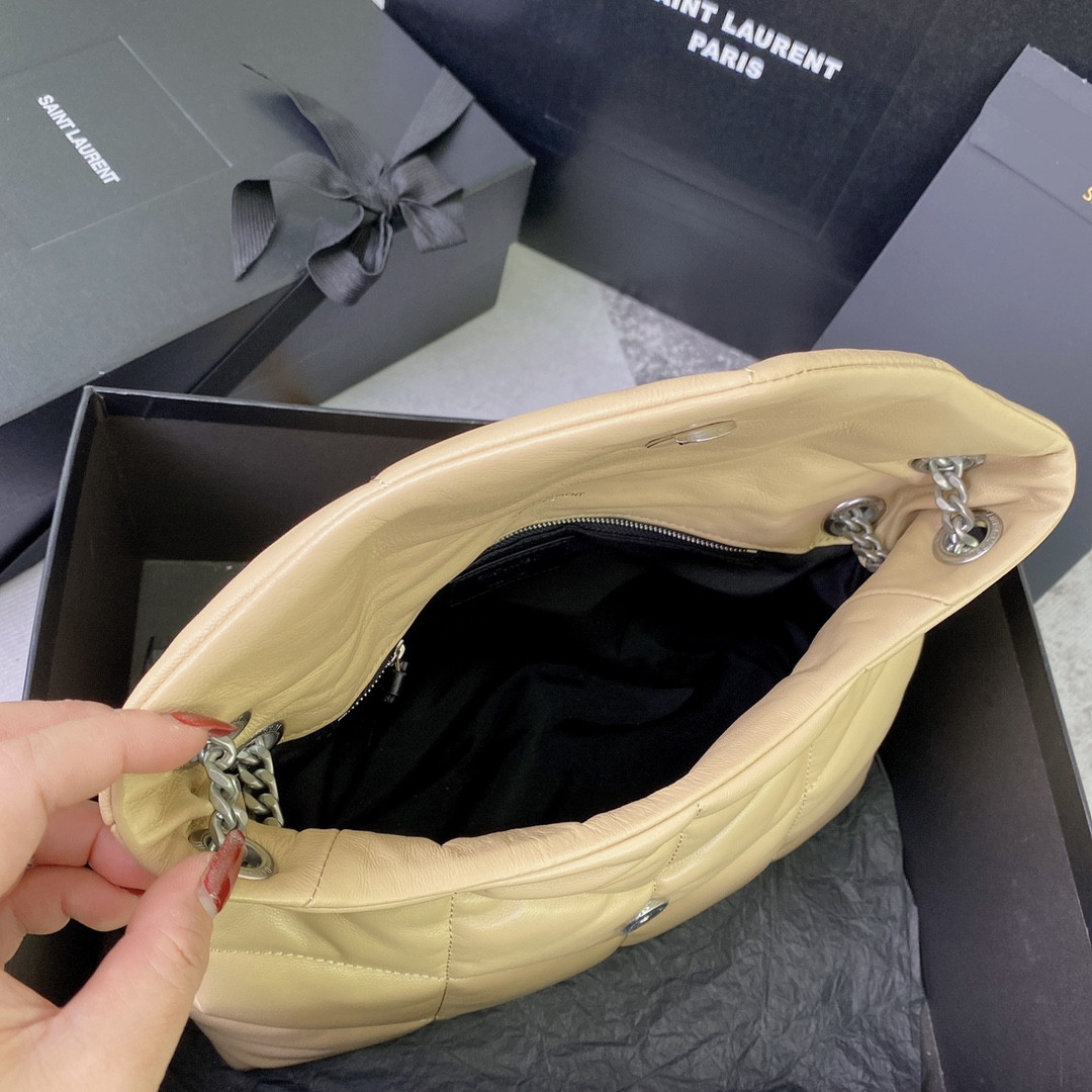 YSL PUFFER SMALL IN NAPPA LEATHER BEIGE SILVER 11.4 X 6.6 X 4.3 INCHES