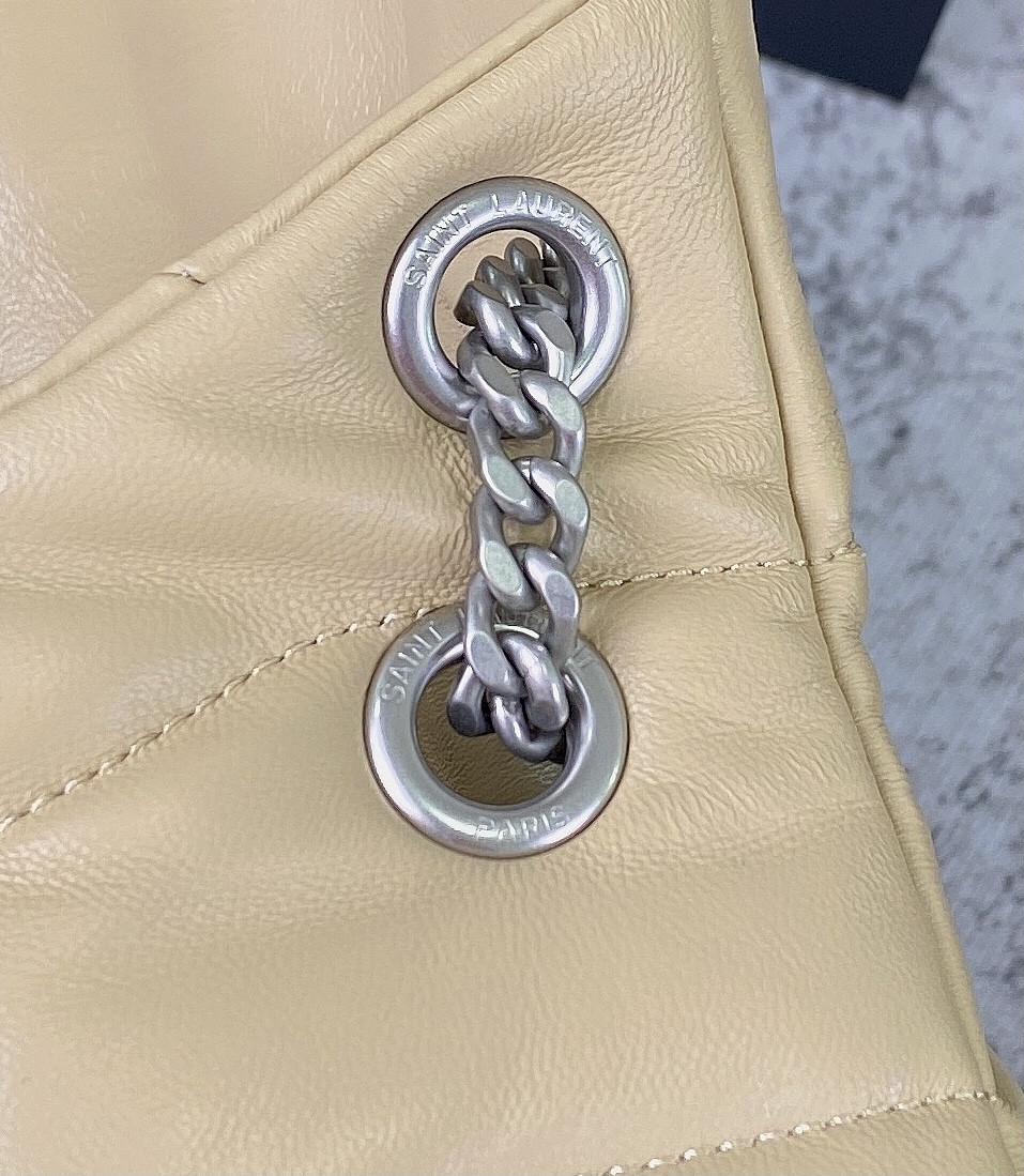 YSL PUFFER SMALL IN NAPPA LEATHER BEIGE SILVER 11.4 X 6.6 X 4.3 INCHES