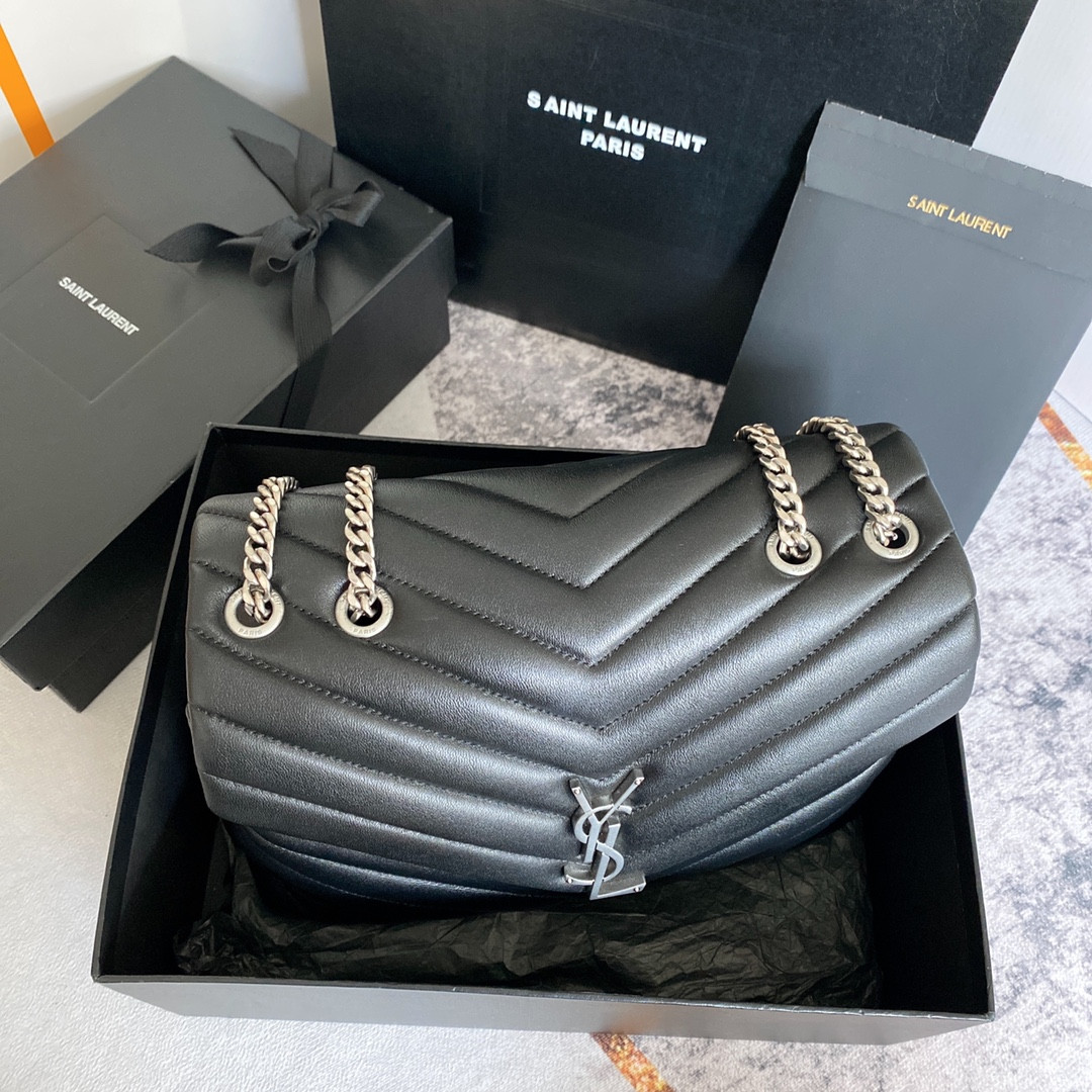 YSL LOULOU MEDIUM IN QUILTED LEATHER BLACK Silver 12.5 X 8.6 X 3.5 INCHES