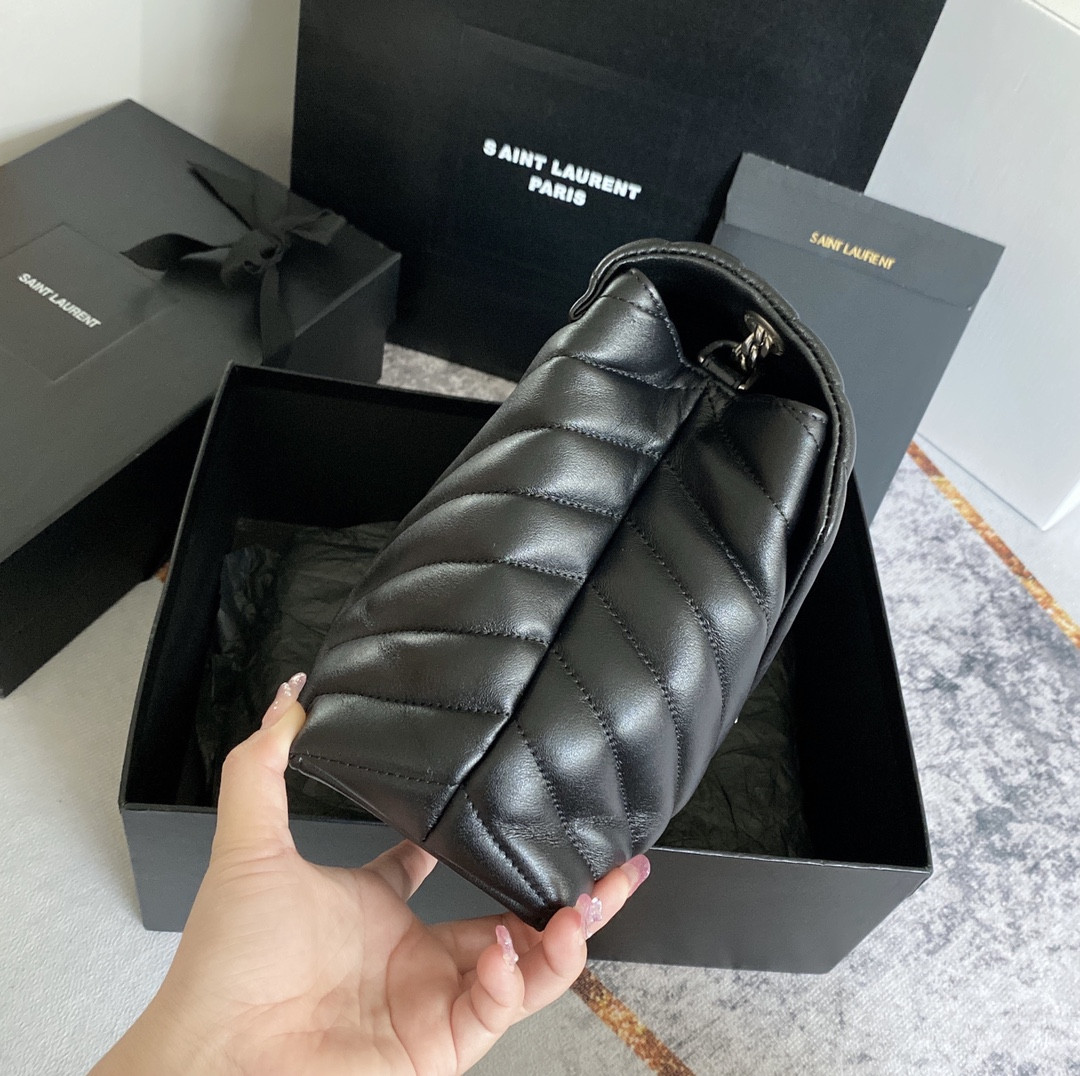 YSL LOULOU MEDIUM IN QUILTED LEATHER BLACK Silver 12.5 X 8.6 X 3.5 INCHES