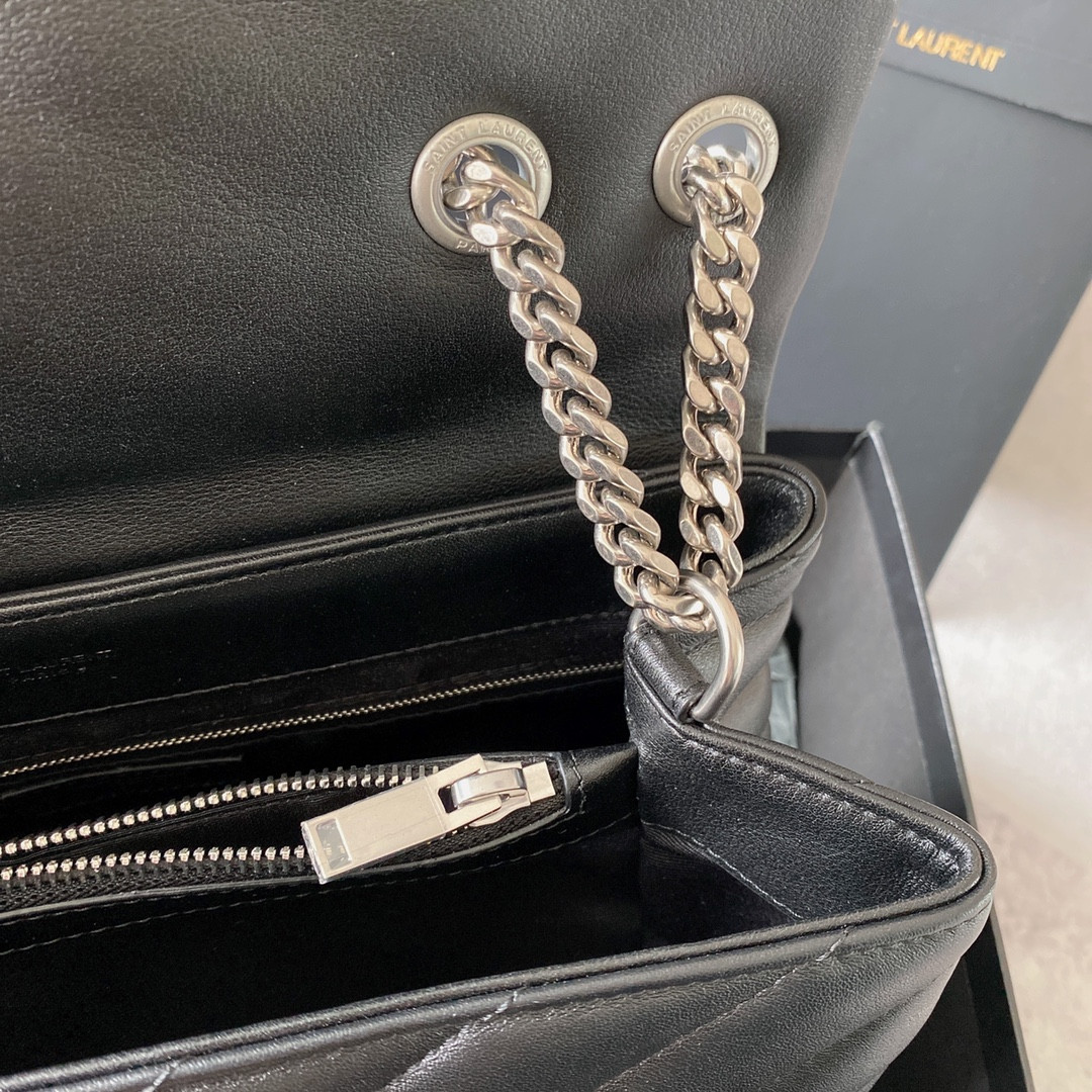 YSL LOULOU MEDIUM IN QUILTED LEATHER BLACK Silver 12.5 X 8.6 X 3.5 INCHES