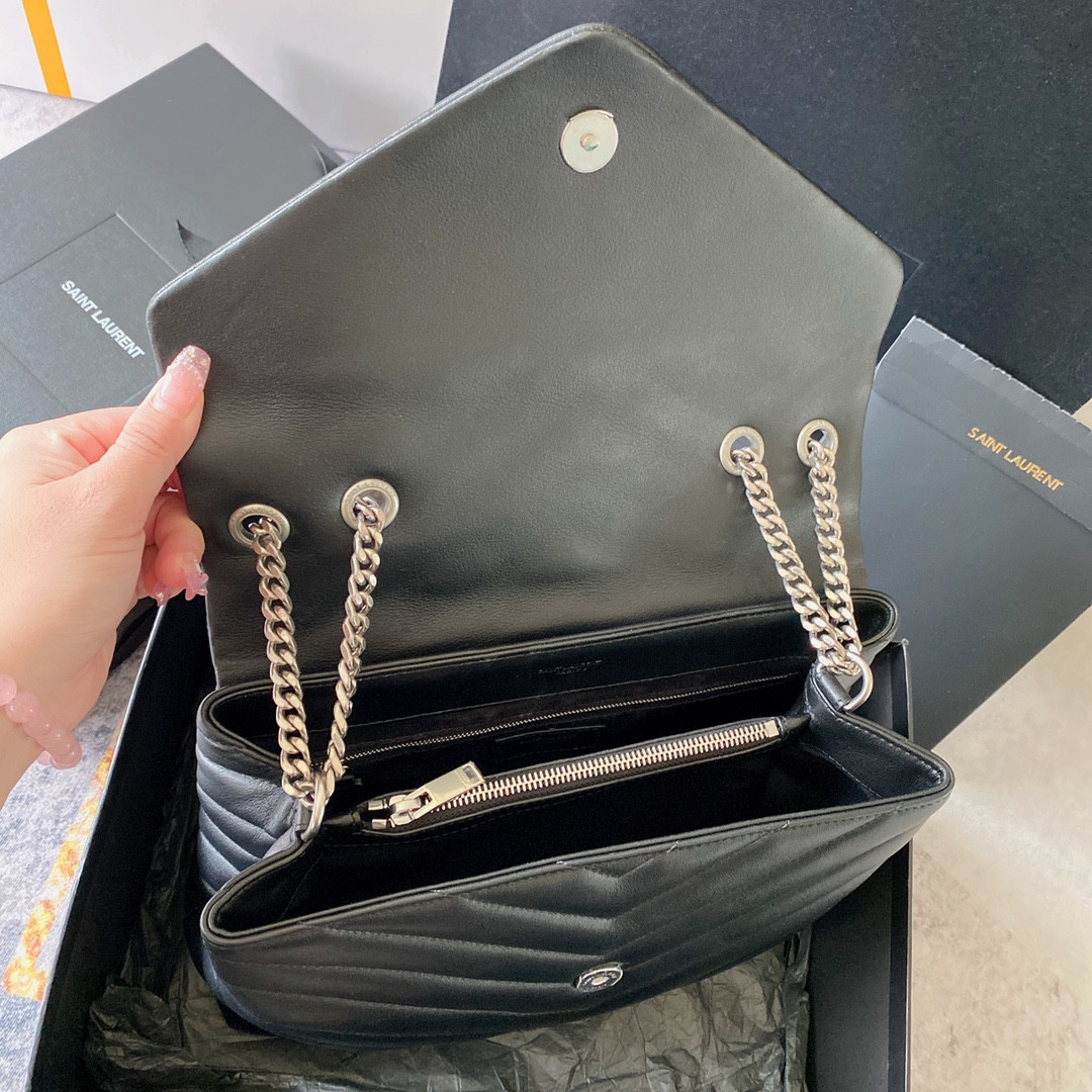 YSL LOULOU MEDIUM IN QUILTED LEATHER BLACK Silver 12.5 X 8.6 X 3.5 INCHES