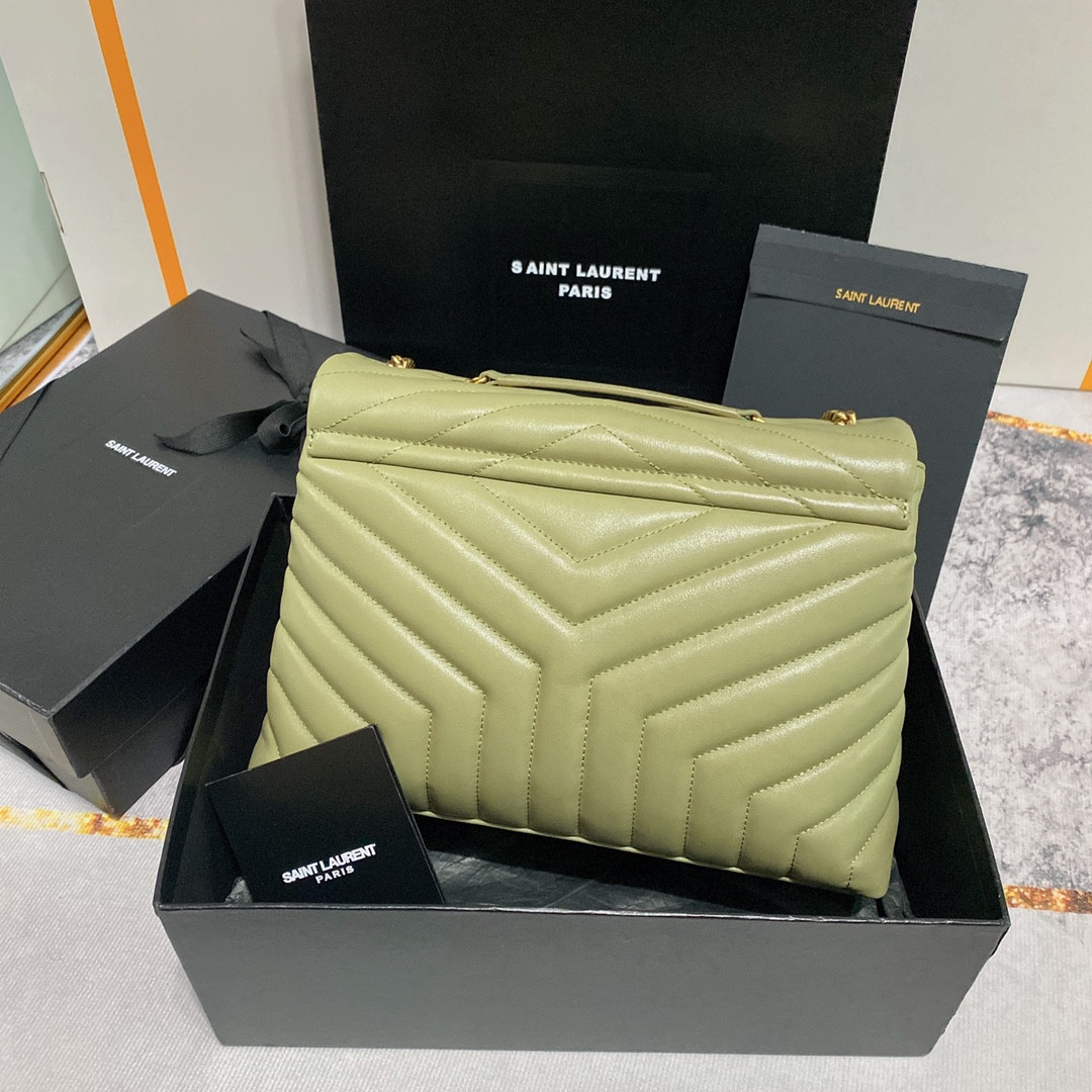 YSL LOULOU MEDIUM IN QUILTED LEATHER GREEN 12.5 X 8.6 X 3.5 INCHES