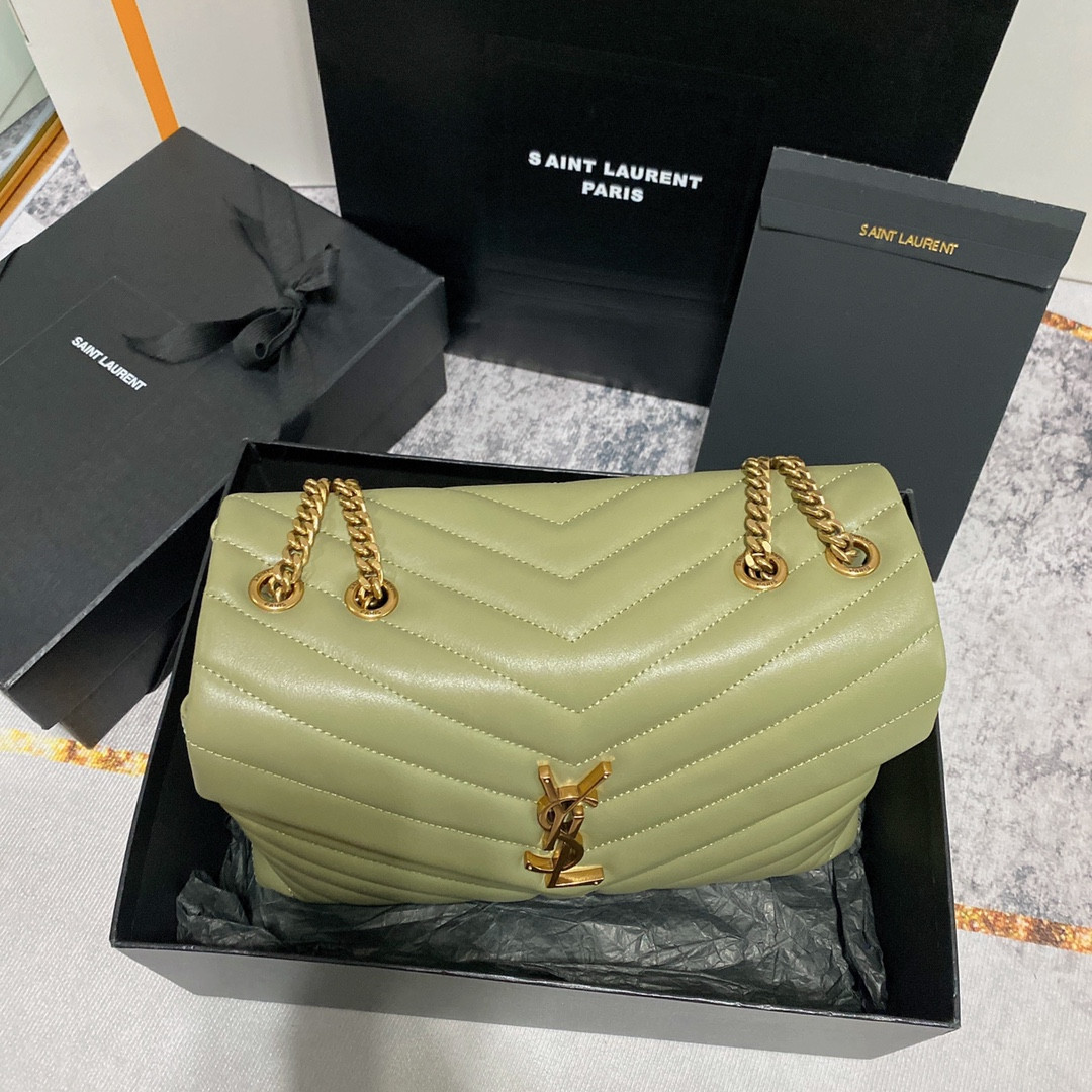 YSL LOULOU MEDIUM IN QUILTED LEATHER GREEN 12.5 X 8.6 X 3.5 INCHES