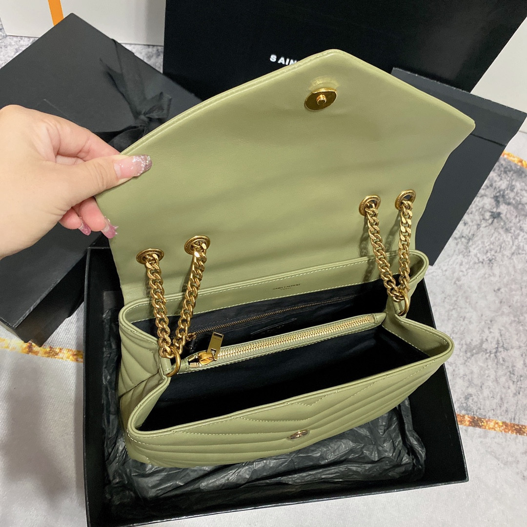 YSL LOULOU MEDIUM IN QUILTED LEATHER GREEN 12.5 X 8.6 X 3.5 INCHES