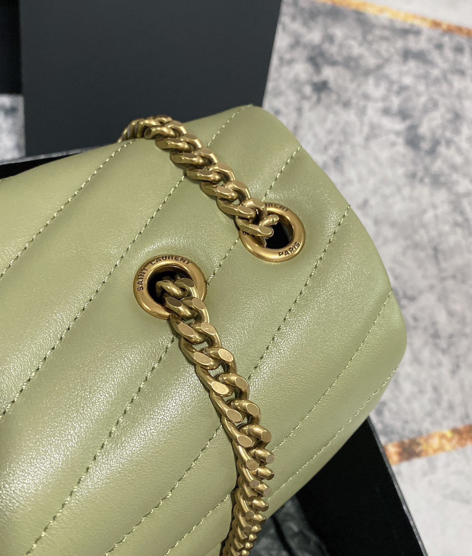 YSL LOULOU MEDIUM IN QUILTED LEATHER GREEN 12.5 X 8.6 X 3.5 INCHES