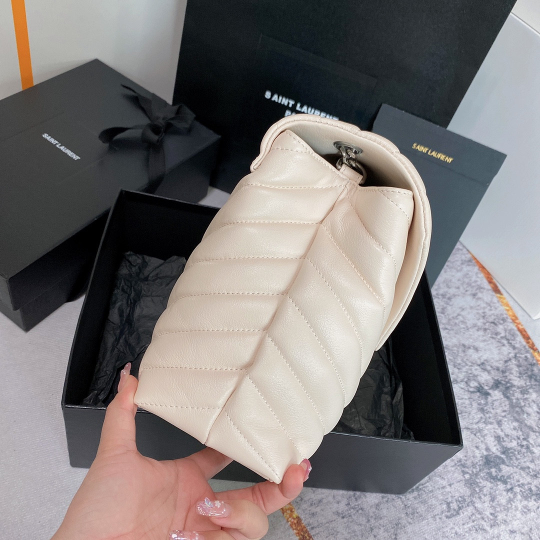 YSL LOULOU MEDIUM IN QUILTED LEATHER BLANC VINTAGE SILVER 12.5 X 8.6 X 3.5 INCHES