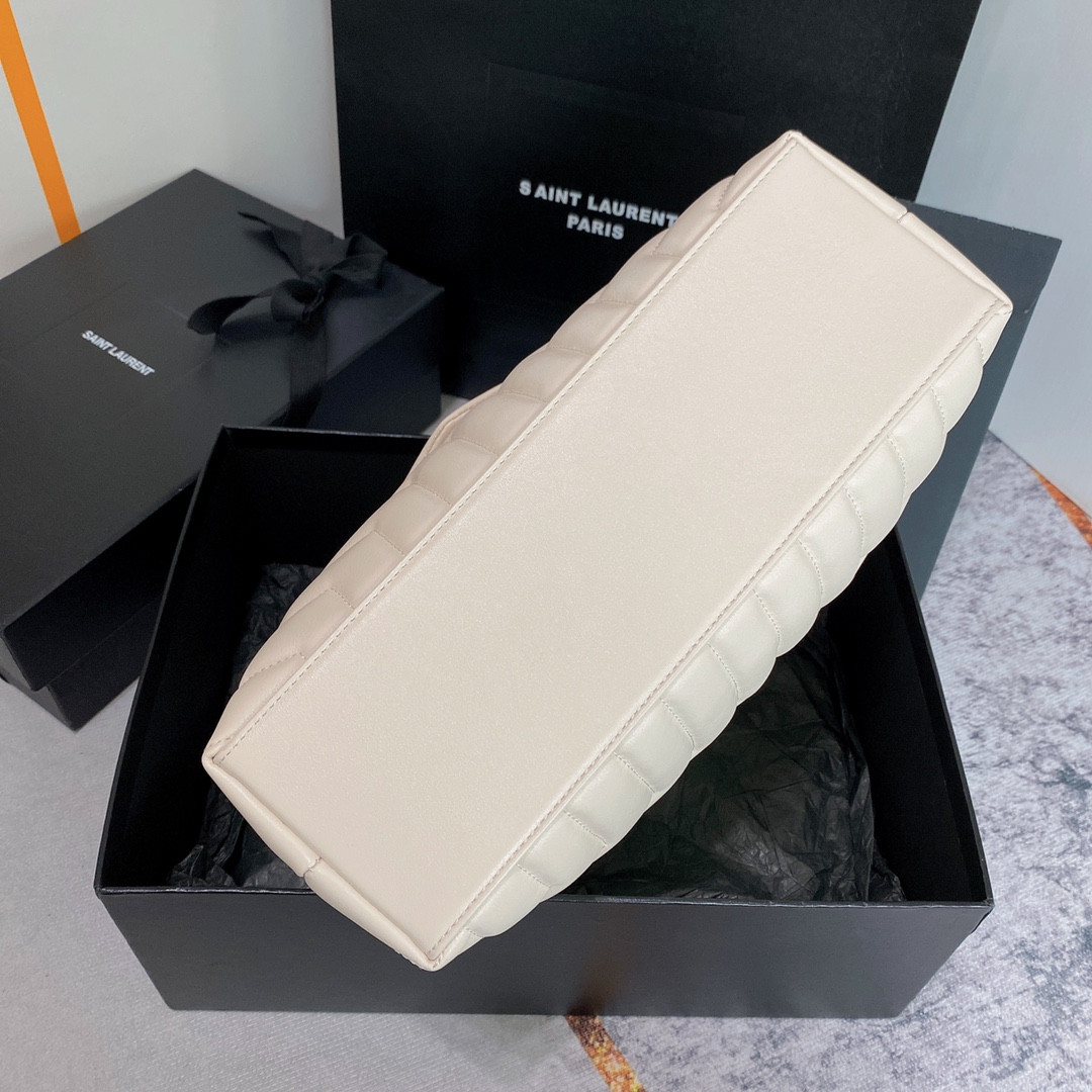 YSL LOULOU MEDIUM IN QUILTED LEATHER BLANC VINTAGE SILVER 12.5 X 8.6 X 3.5 INCHES