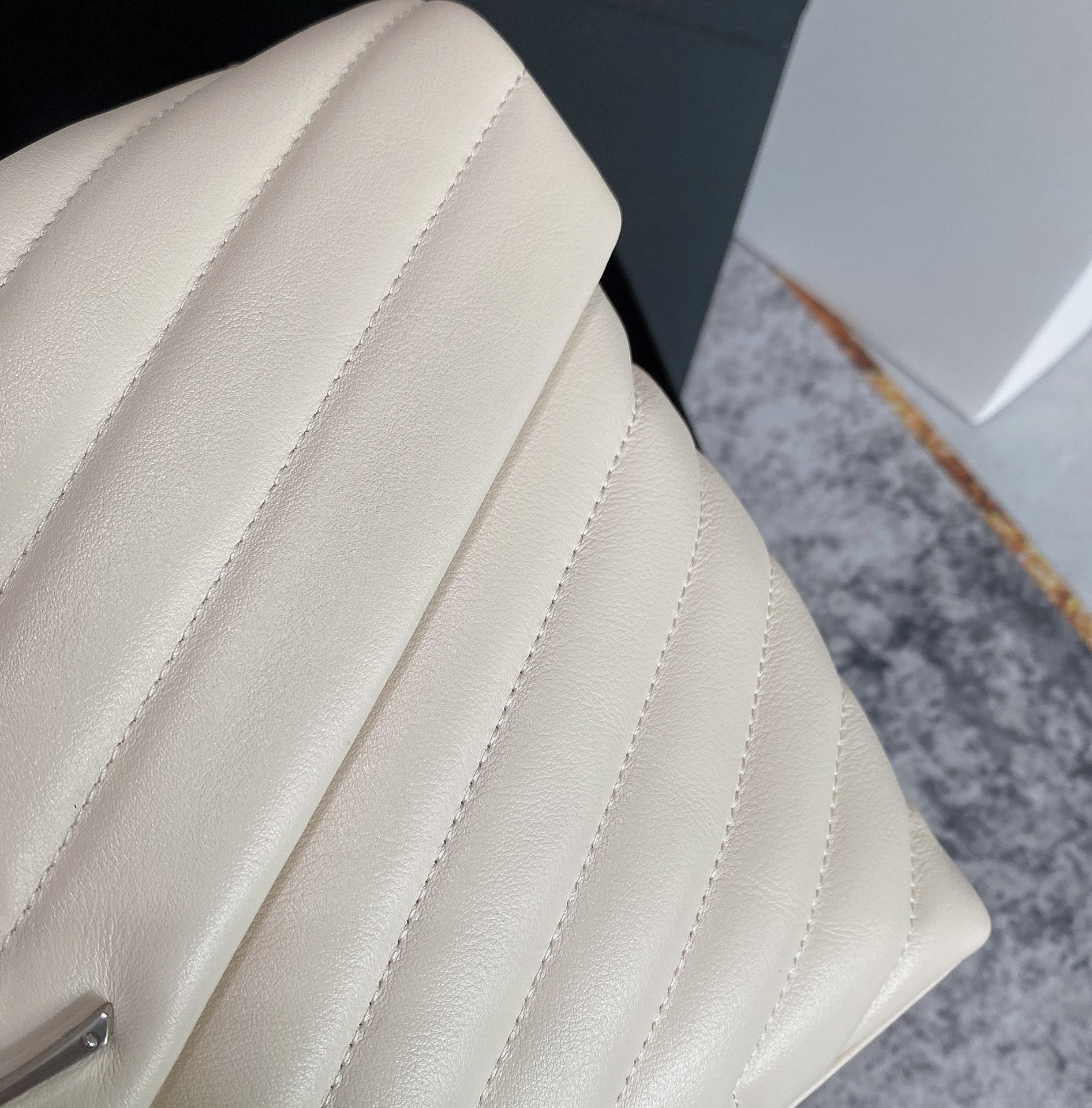 YSL LOULOU MEDIUM IN QUILTED LEATHER BLANC VINTAGE SILVER 12.5 X 8.6 X 3.5 INCHES