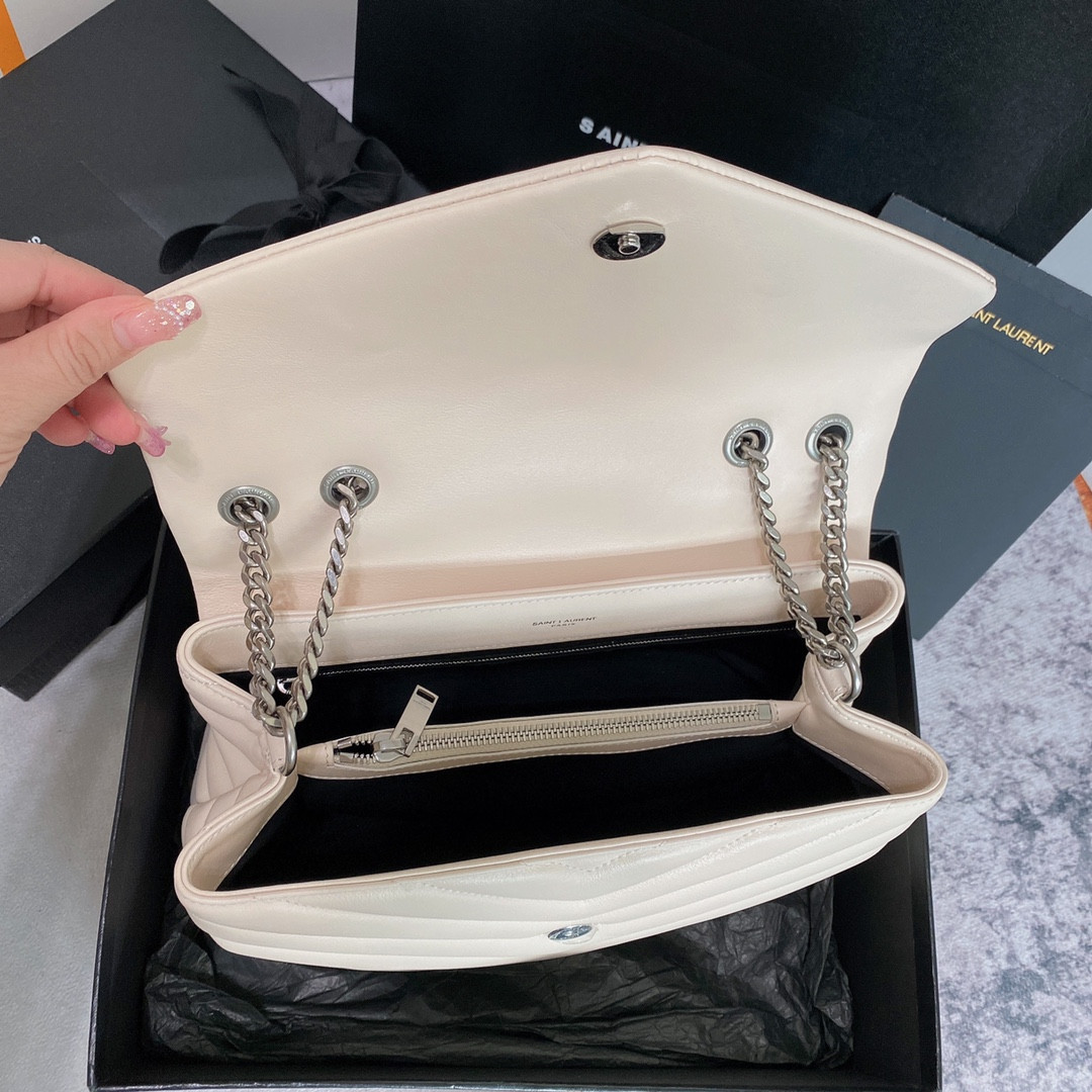 YSL LOULOU MEDIUM IN QUILTED LEATHER BLANC VINTAGE SILVER 12.5 X 8.6 X 3.5 INCHES