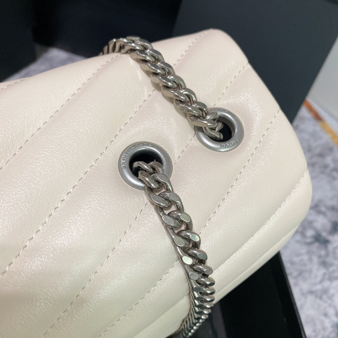 YSL LOULOU MEDIUM IN QUILTED LEATHER BLANC VINTAGE SILVER 12.5 X 8.6 X 3.5 INCHES