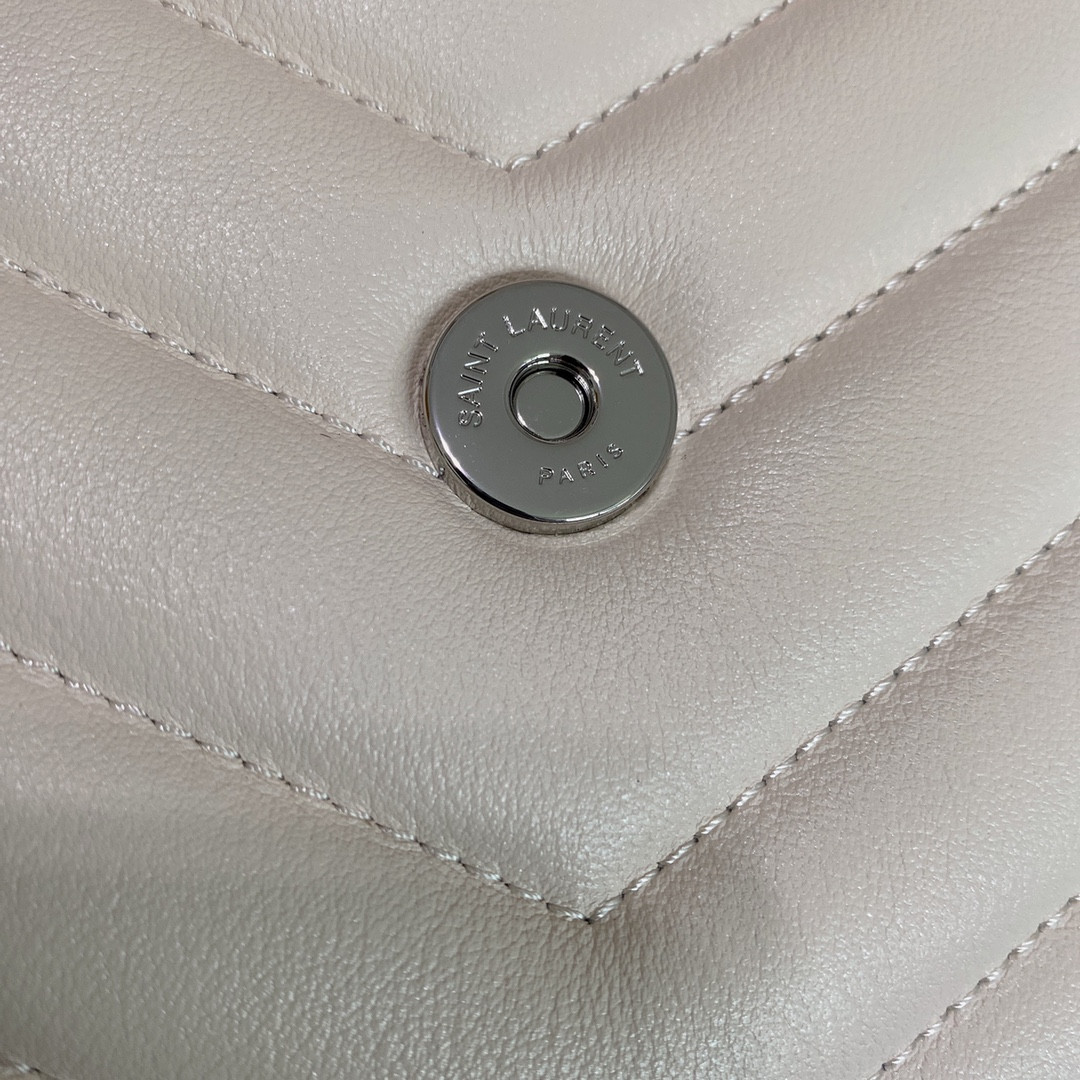 YSL LOULOU MEDIUM IN QUILTED LEATHER BLANC VINTAGE SILVER 12.5 X 8.6 X 3.5 INCHES