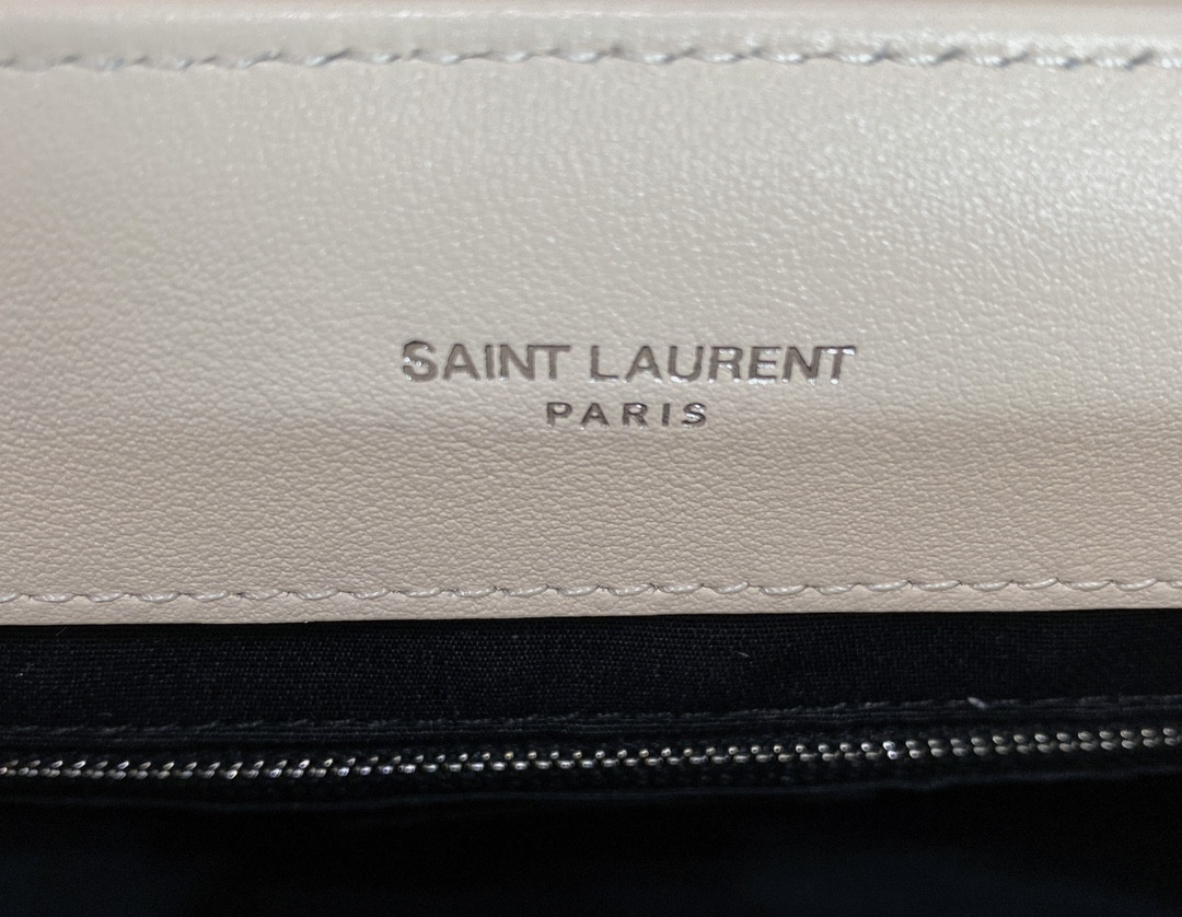 YSL LOULOU MEDIUM IN QUILTED LEATHER BLANC VINTAGE SILVER 12.5 X 8.6 X 3.5 INCHES