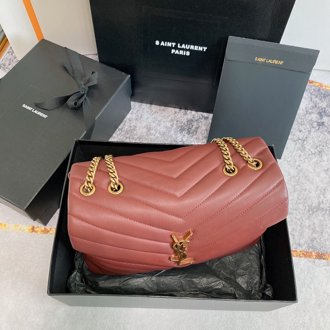 YSL LOULOU MEDIUM IN QUILTED LEATHER LIGHT RED 12.5 X 8.6 X 3.5 INCHES