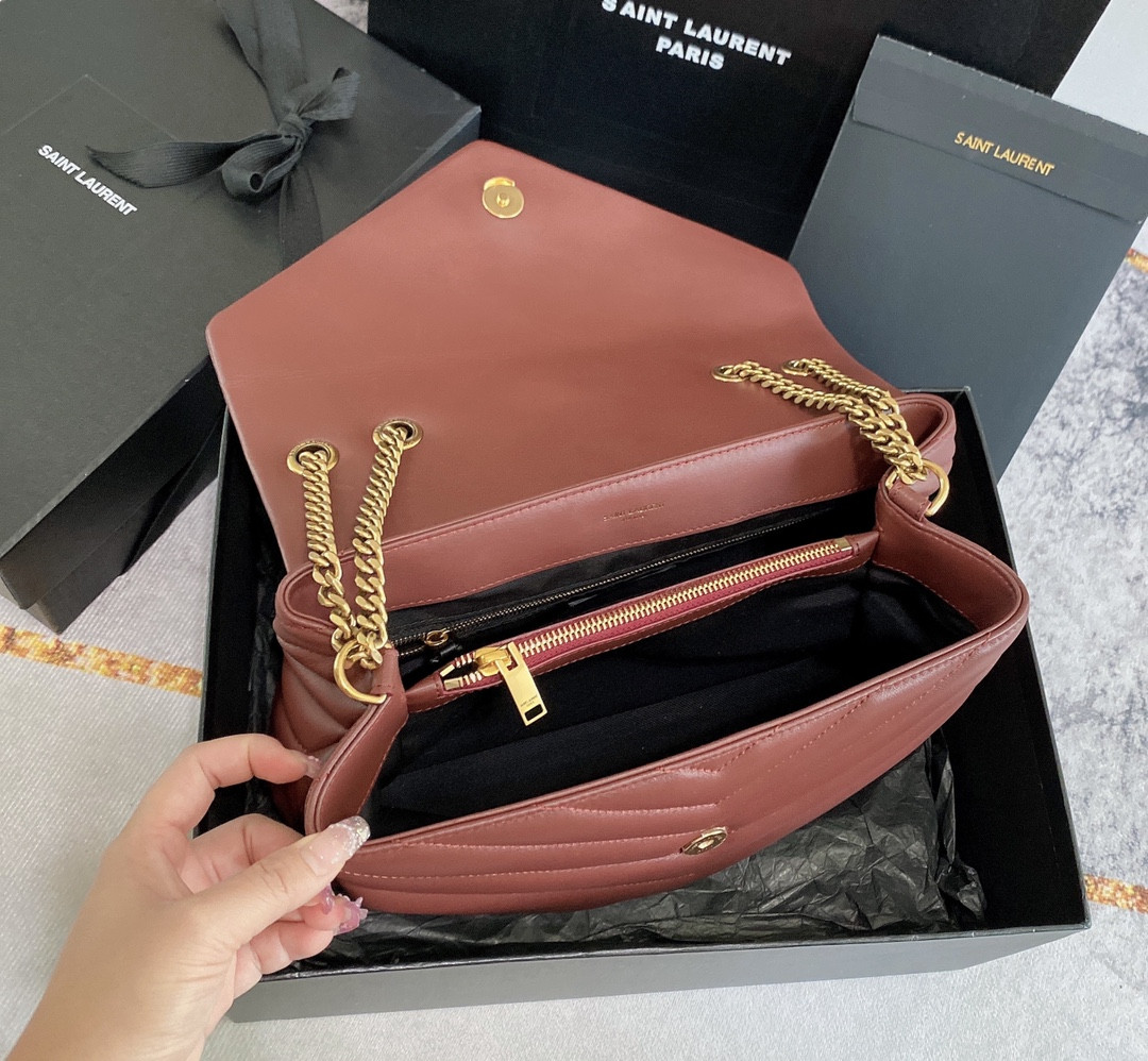 YSL LOULOU MEDIUM IN QUILTED LEATHER LIGHT RED 12.5 X 8.6 X 3.5 INCHES