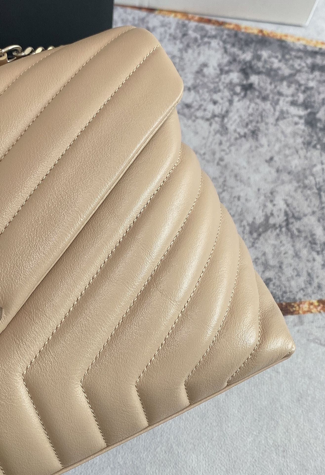 YSL LOULOU MEDIUM IN QUILTED LEATHER DARK BEIGE SILVER 12.5 X 8.6 X 3.5 INCHES