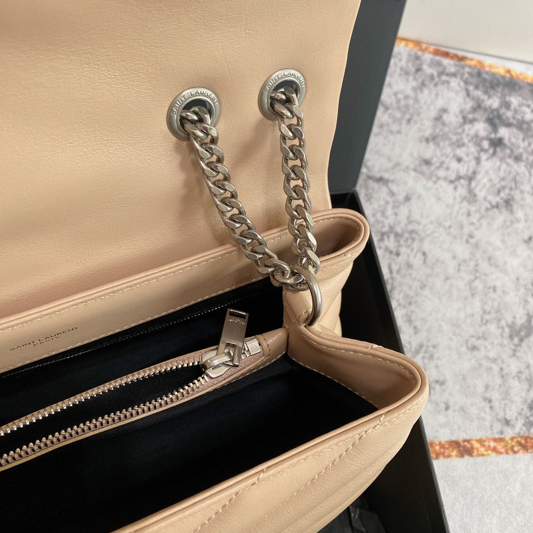 YSL LOULOU MEDIUM IN QUILTED LEATHER DARK BEIGE SILVER 12.5 X 8.6 X 3.5 INCHES