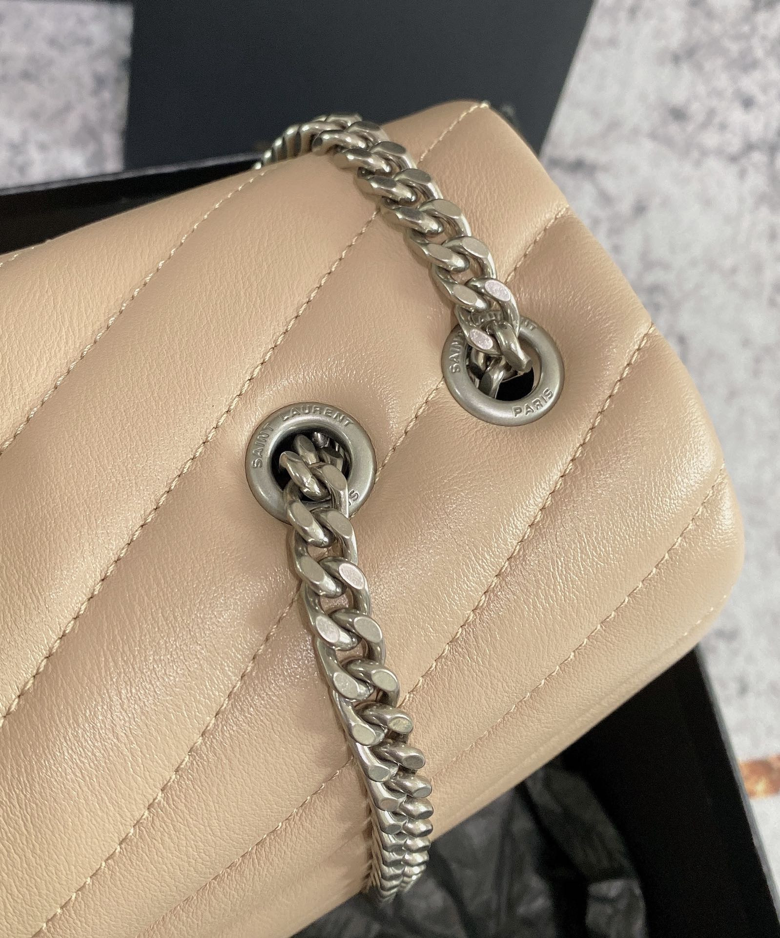 YSL LOULOU MEDIUM IN QUILTED LEATHER DARK BEIGE SILVER 12.5 X 8.6 X 3.5 INCHES