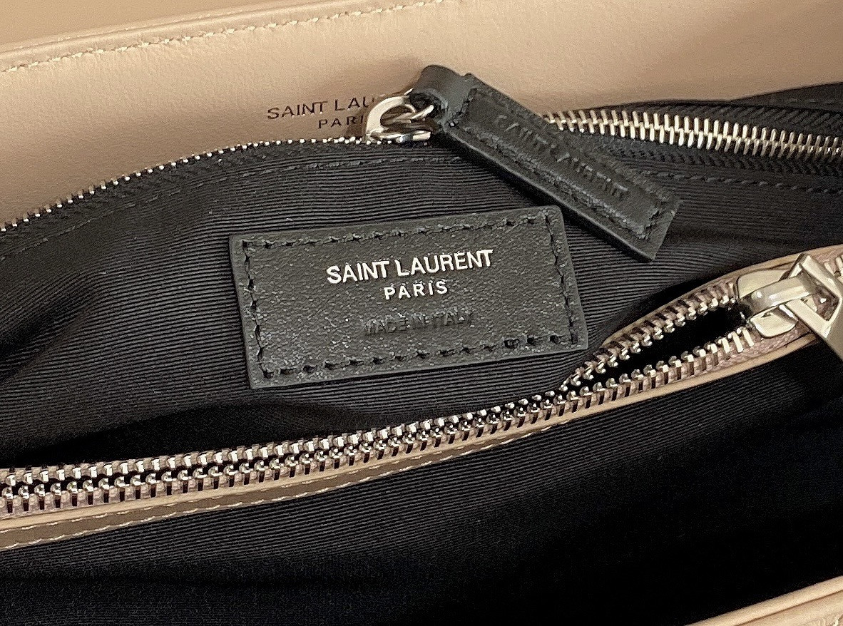 YSL LOULOU MEDIUM IN QUILTED LEATHER DARK BEIGE SILVER 12.5 X 8.6 X 3.5 INCHES