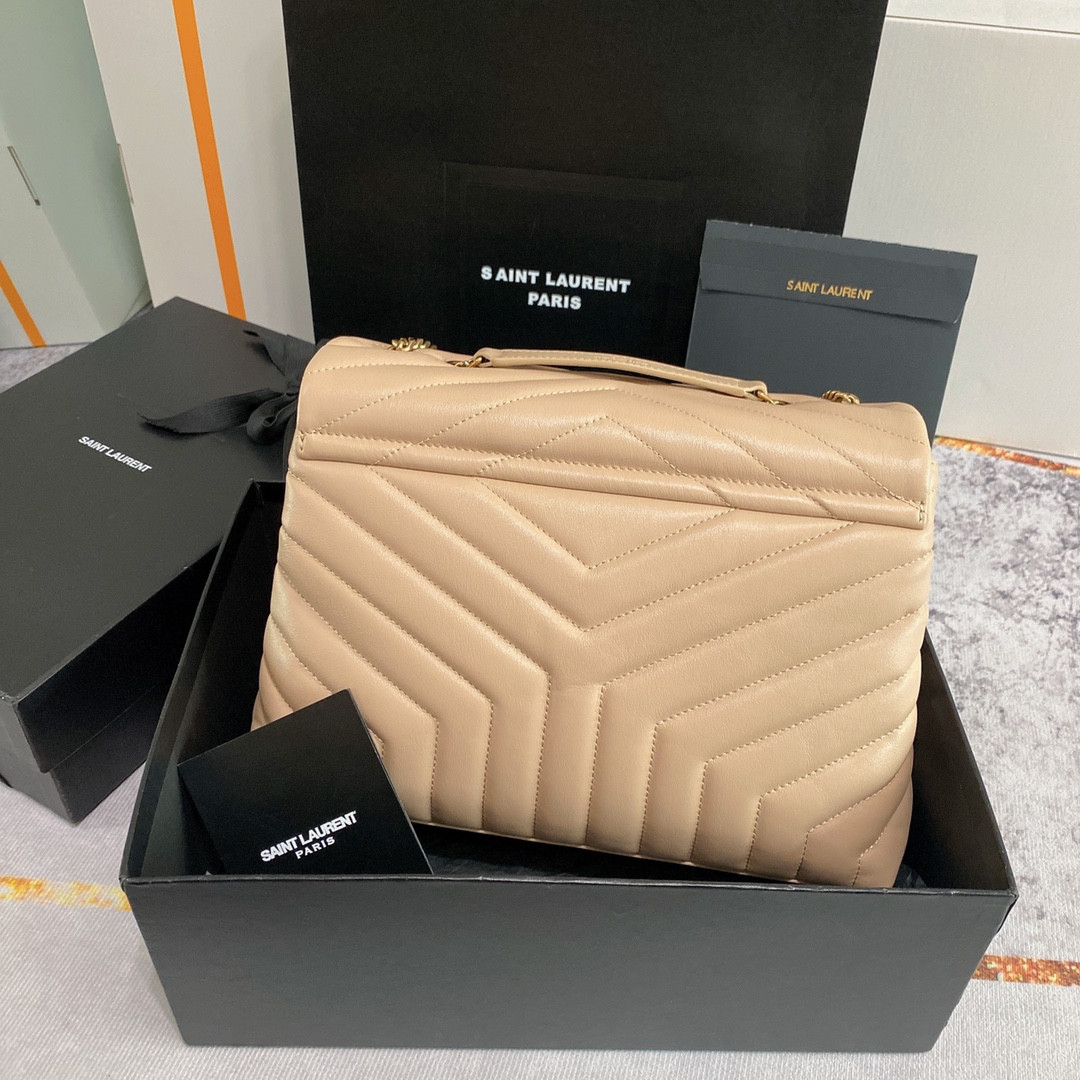 YSL LOULOU MEDIUM IN QUILTED LEATHER DARK BEIGE 12.5 X 8.6 X 3.5 INCHES