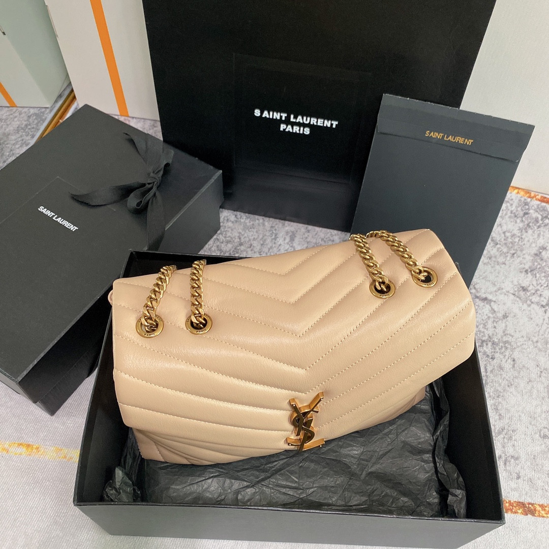 YSL LOULOU MEDIUM IN QUILTED LEATHER DARK BEIGE 12.5 X 8.6 X 3.5 INCHES