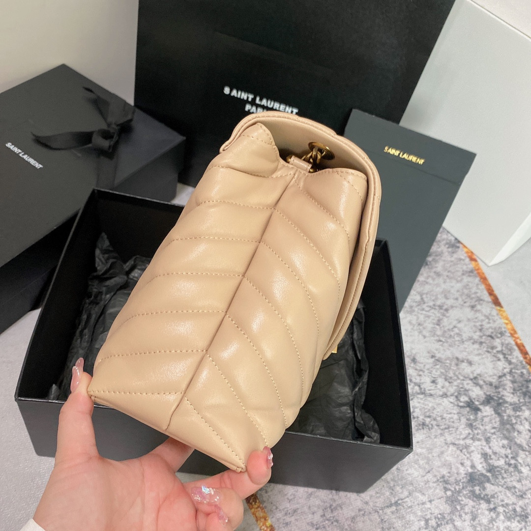 YSL LOULOU MEDIUM IN QUILTED LEATHER DARK BEIGE 12.5 X 8.6 X 3.5 INCHES