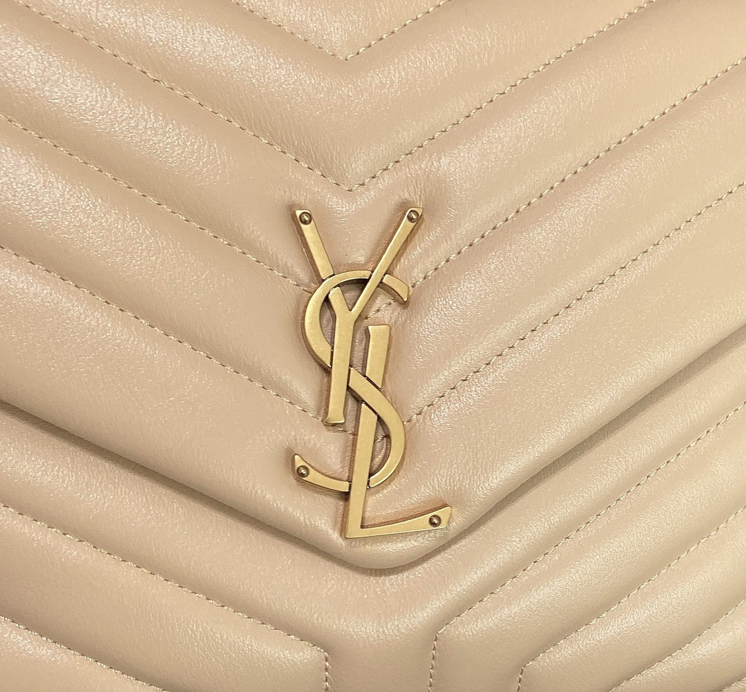 YSL LOULOU MEDIUM IN QUILTED LEATHER DARK BEIGE 12.5 X 8.6 X 3.5 INCHES