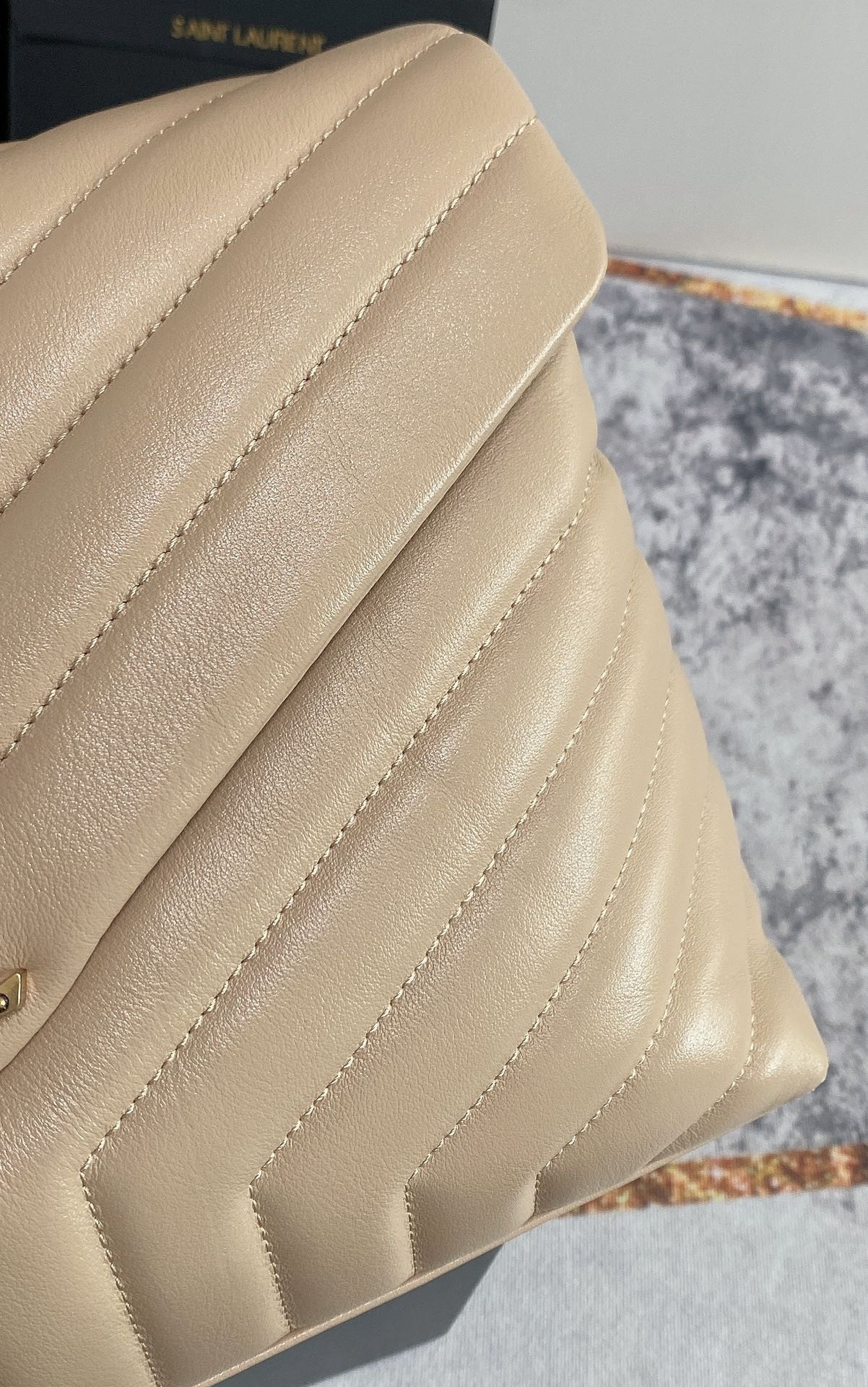 YSL LOULOU MEDIUM IN QUILTED LEATHER DARK BEIGE 12.5 X 8.6 X 3.5 INCHES