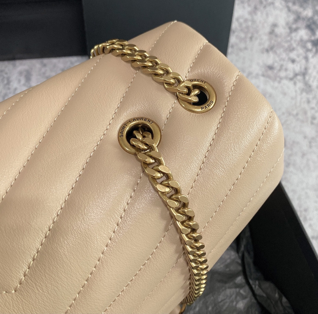 YSL LOULOU MEDIUM IN QUILTED LEATHER DARK BEIGE 12.5 X 8.6 X 3.5 INCHES