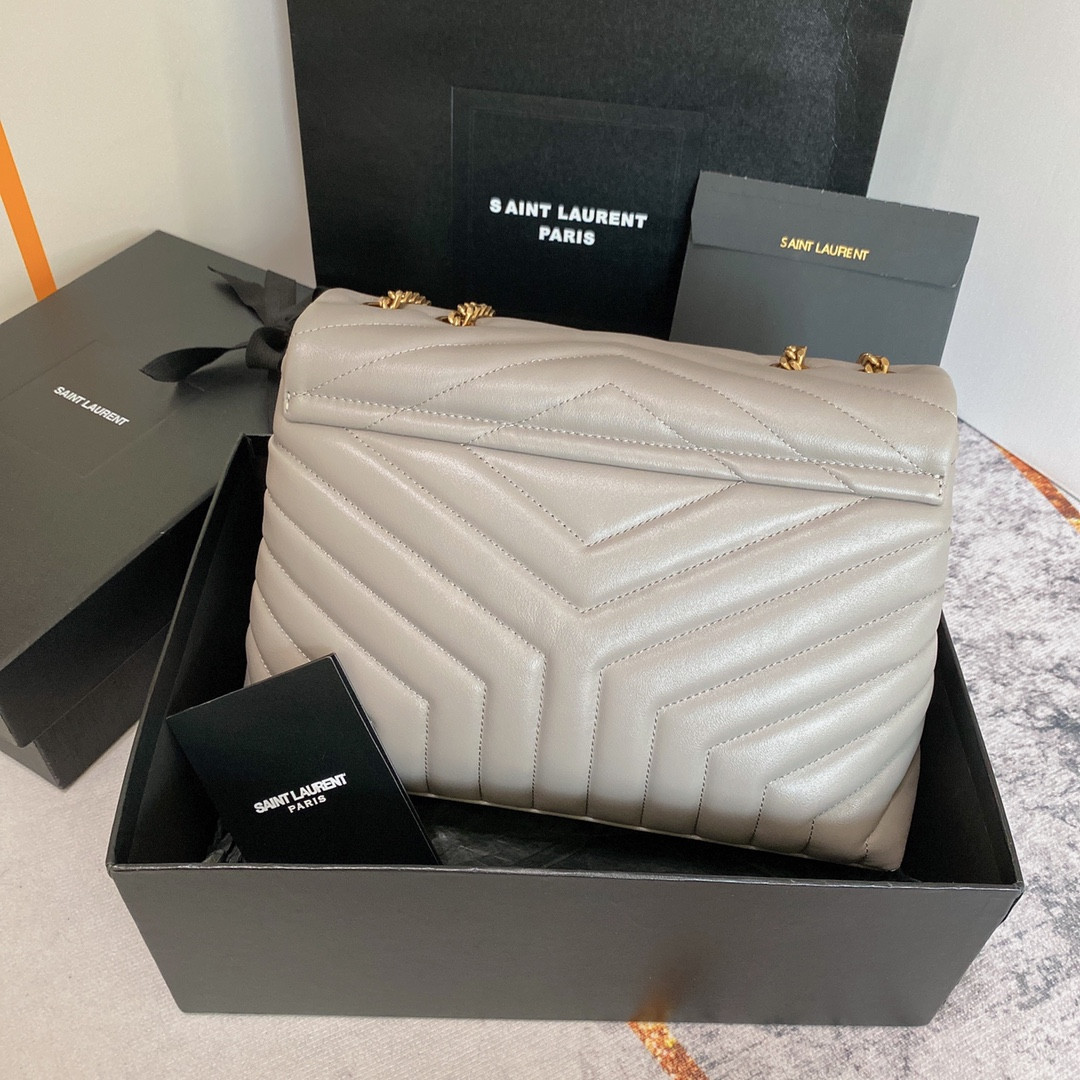 YSL LOULOU MEDIUM IN QUILTED LEATHER GREYISH BROWN 12.5 X 8.6 X 3.5 INCHES