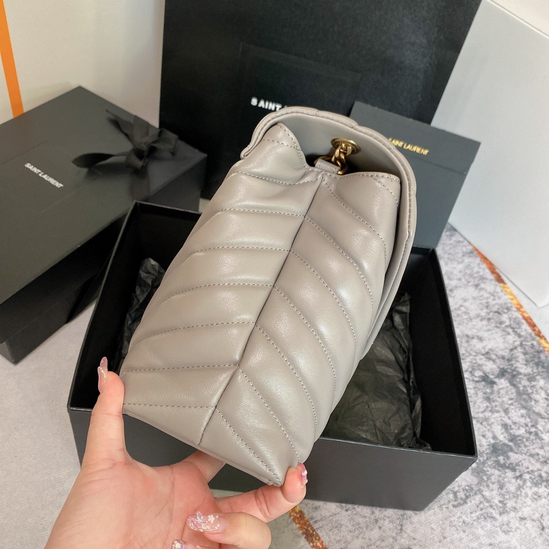 YSL LOULOU MEDIUM IN QUILTED LEATHER GREYISH BROWN 12.5 X 8.6 X 3.5 INCHES