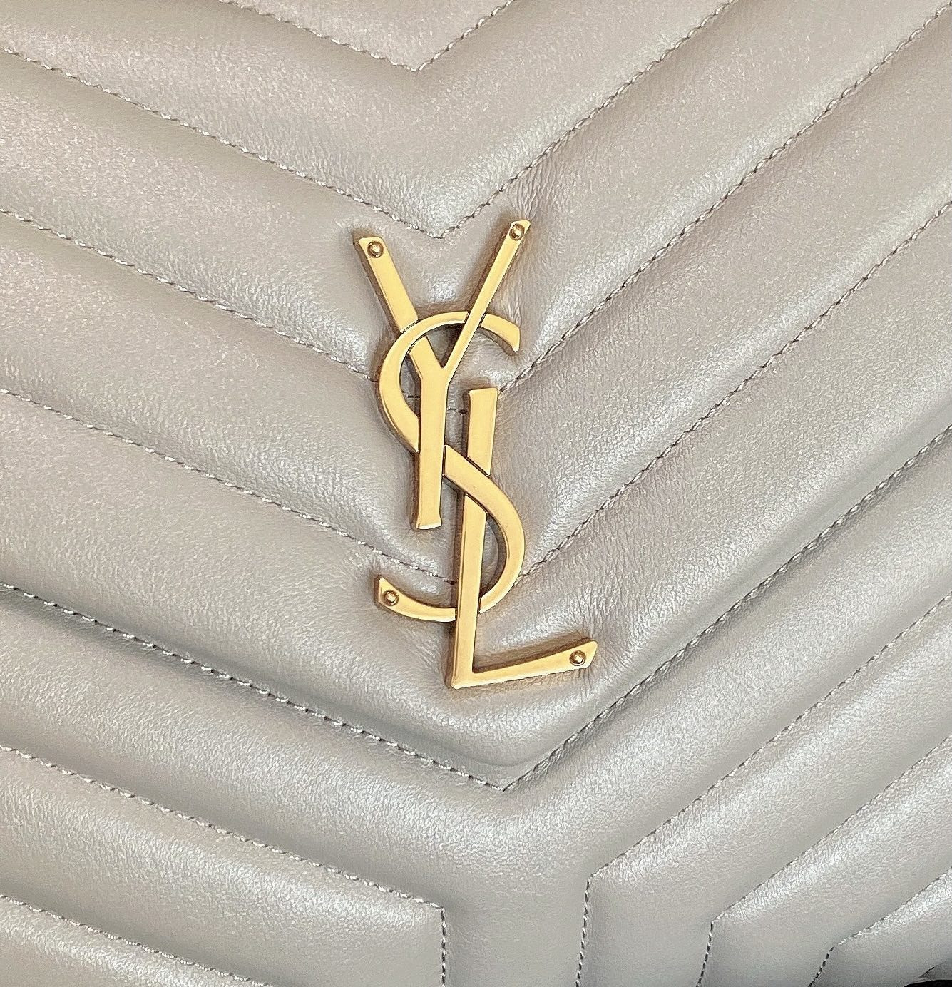 YSL LOULOU MEDIUM IN QUILTED LEATHER GREYISH BROWN 12.5 X 8.6 X 3.5 INCHES