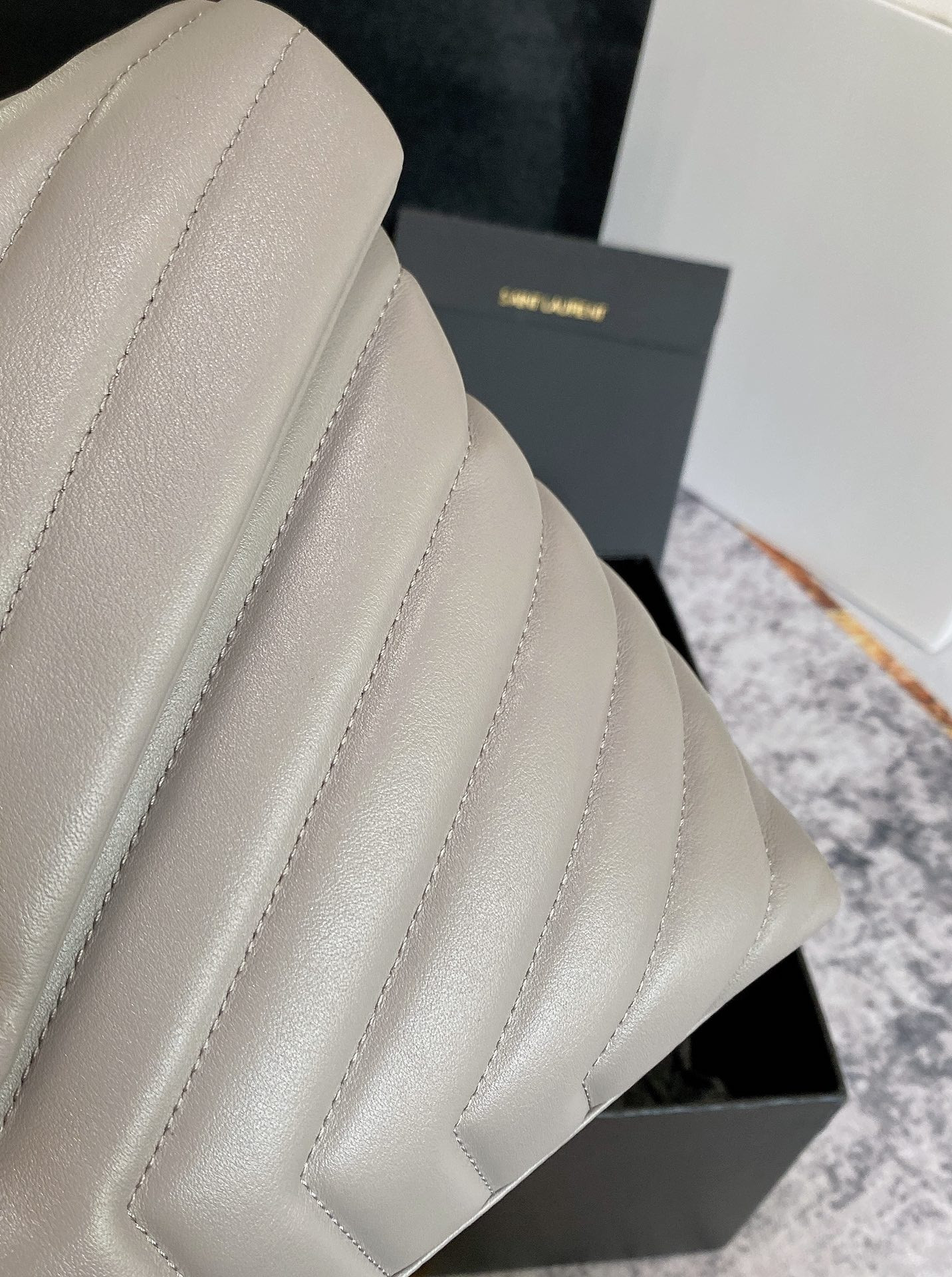 YSL LOULOU MEDIUM IN QUILTED LEATHER GREYISH BROWN 12.5 X 8.6 X 3.5 INCHES