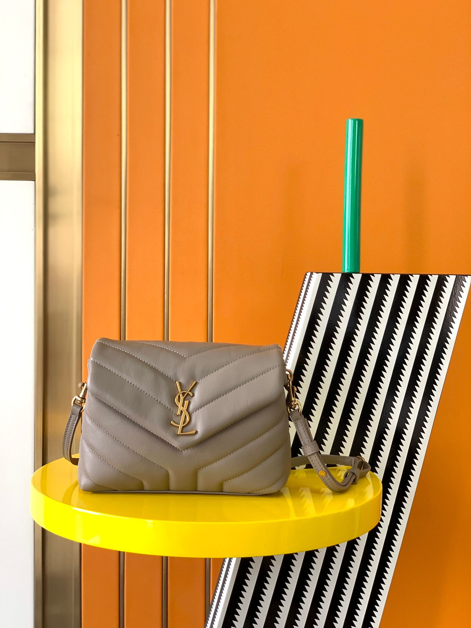 YSL TOY LOULOU IN QUILTED LEATHER GREYISH BROWN 7.9 X 5.5 X 3 INCHES