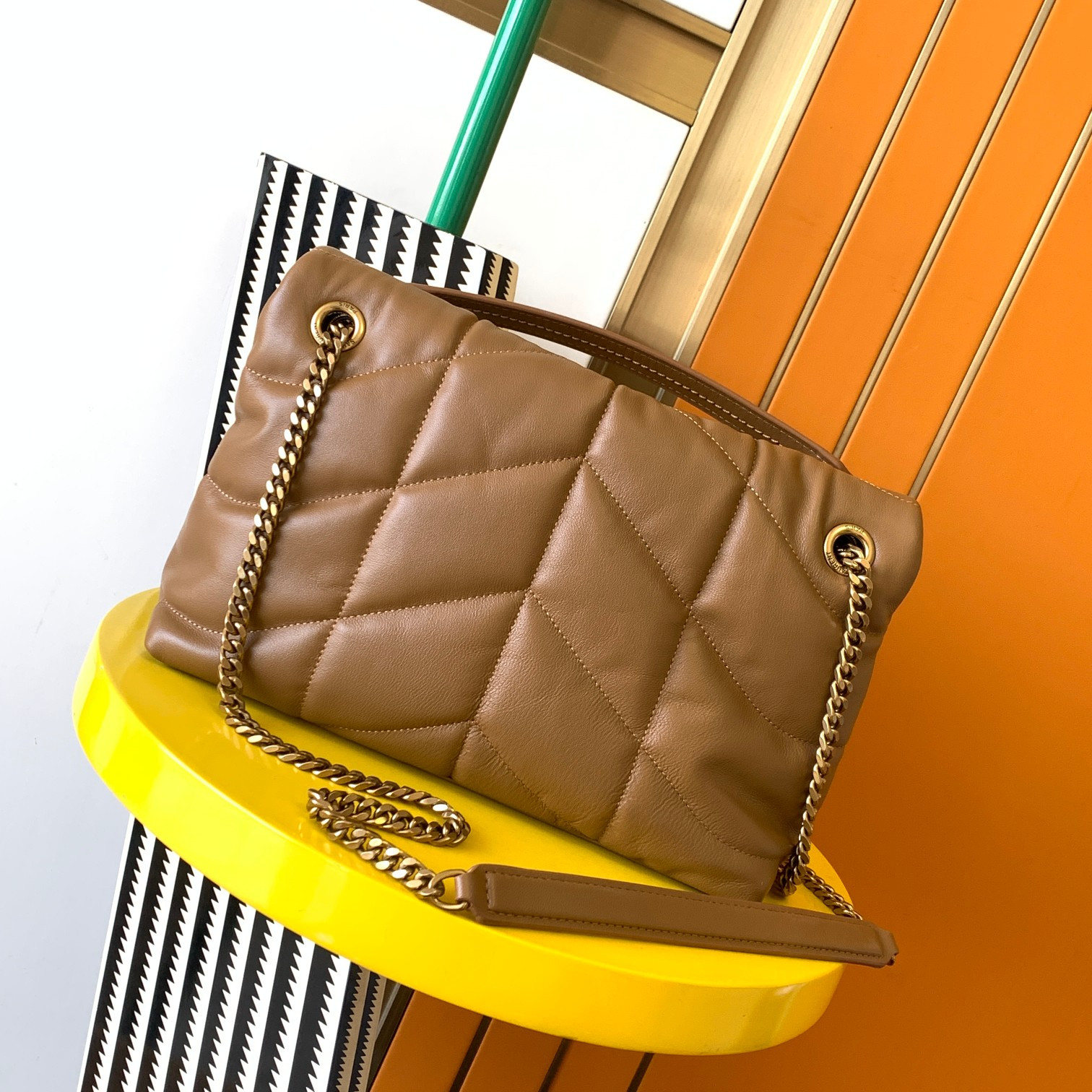 YSL PUFFER SMALL IN NAPPA LEATHER BROWN 11.4 X 6.6 X 4.3 INCHES