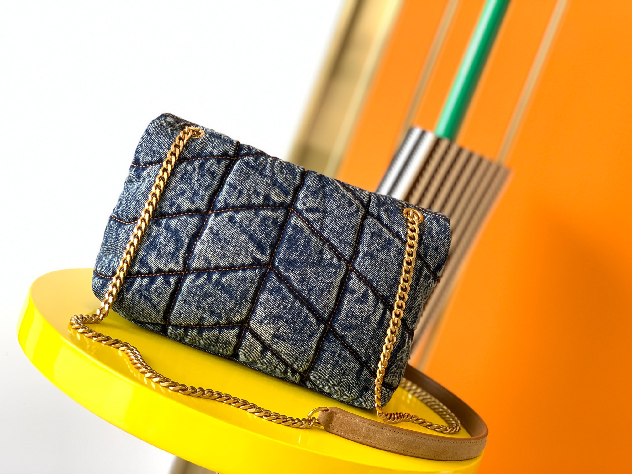 YSL PUFFER IN SUEDE AND DENIM RODEO BLUE 23 X 15.5 X 5.8 CM