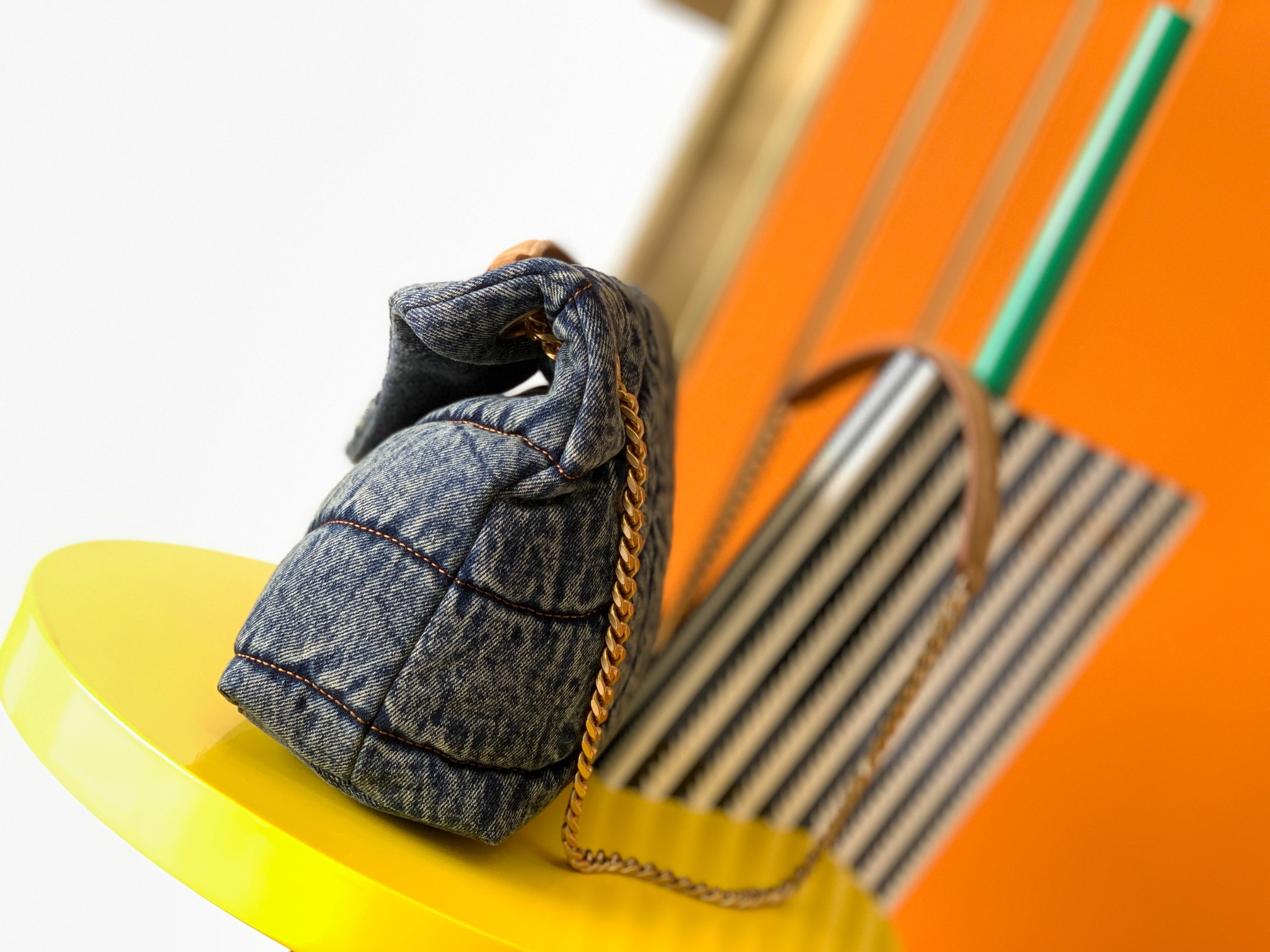 YSL PUFFER SMALL IN SUEDE AND DENIM LIGHT BLUE 11.4 X 6.6 X 4.3 INCHES