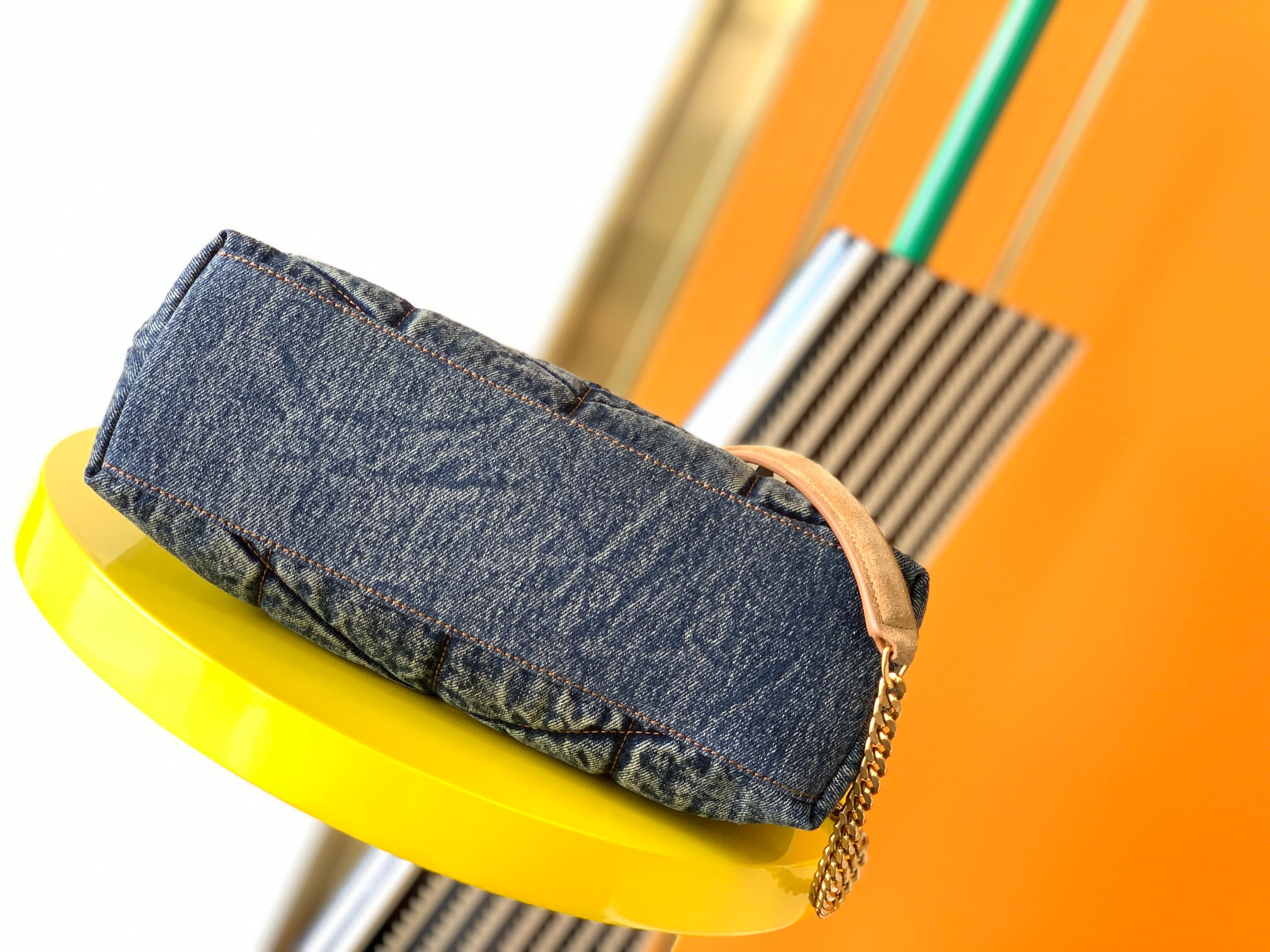 YSL PUFFER SMALL IN SUEDE AND DENIM RODEO BLUE 11.4 X 6.6 X 4.3 INCHES