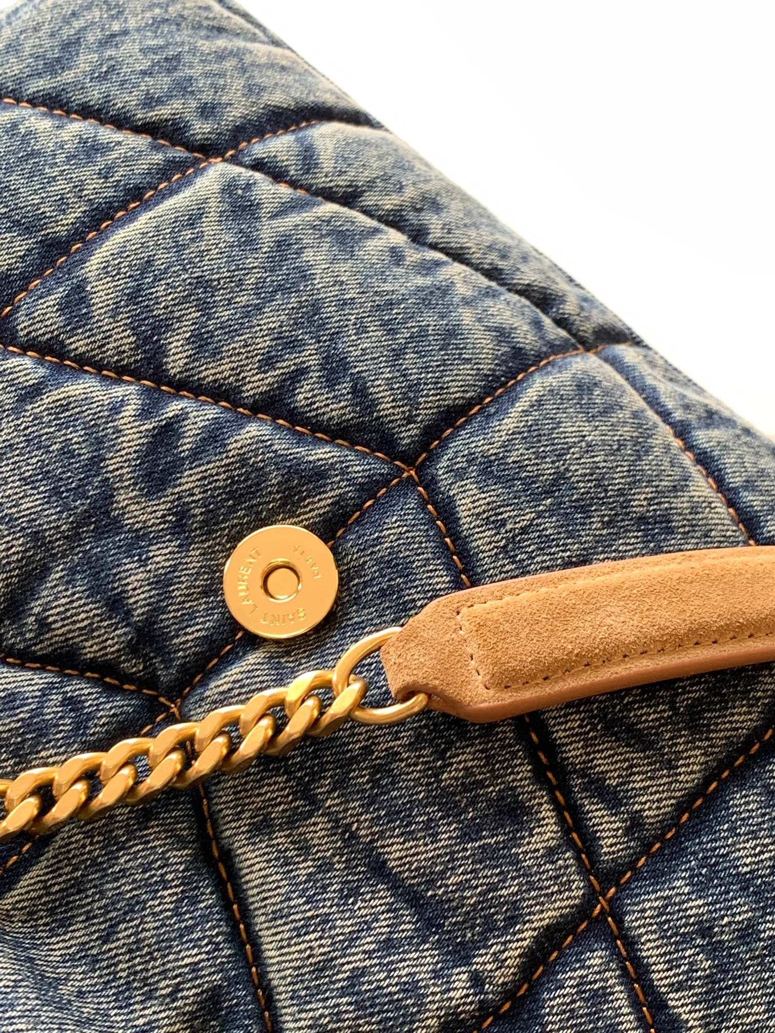 YSL PUFFER SMALL IN SUEDE AND DENIM LIGHT BLUE 11.4 X 6.6 X 4.3 INCHES