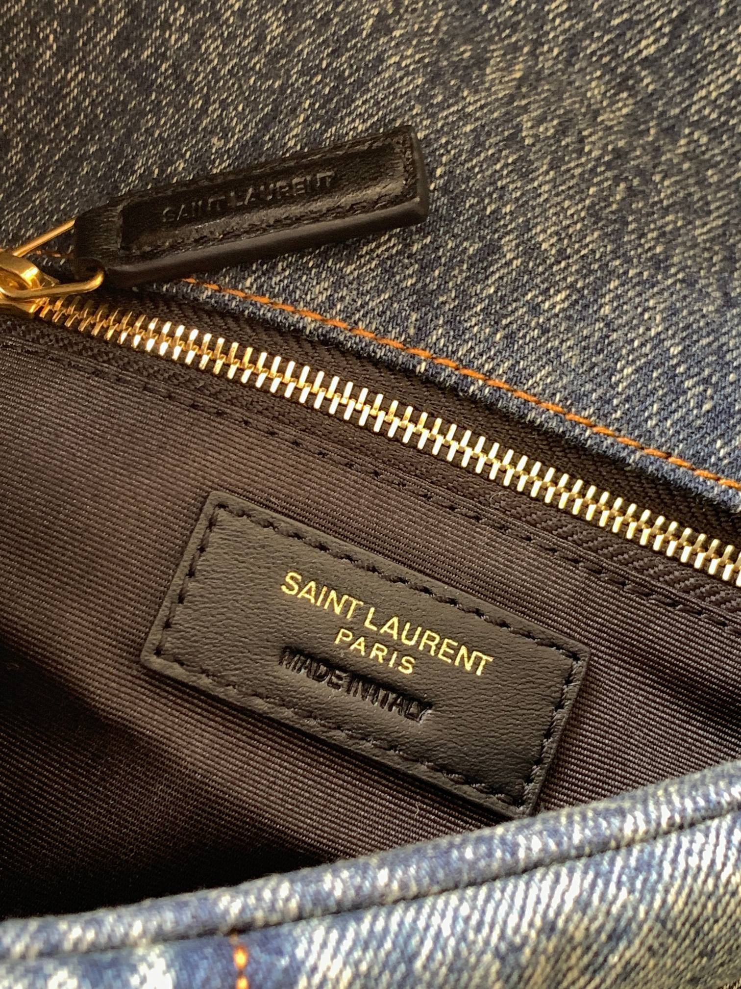 YSL PUFFER SMALL IN SUEDE AND DENIM LIGHT BLUE 11.4 X 6.6 X 4.3 INCHES