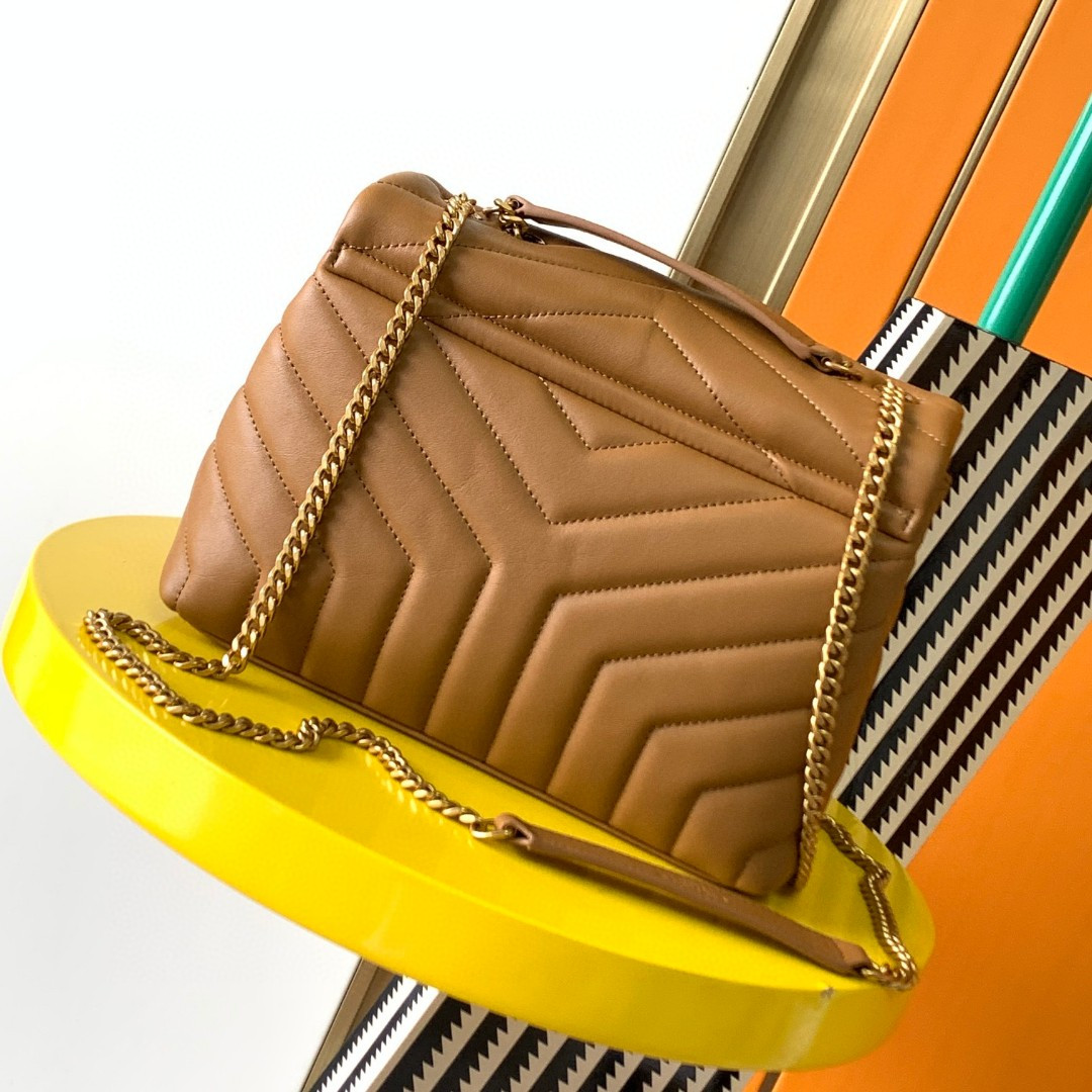 YSL LOULOU SMALL IN QUILTED LEATHER BROWN 9 X 6.1 X 3.3 INCHES