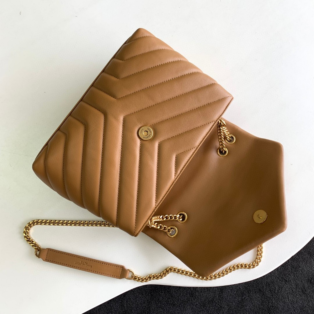 YSL LOULOU SMALL IN QUILTED LEATHER BROWN 9 X 6.1 X 3.3 INCHES